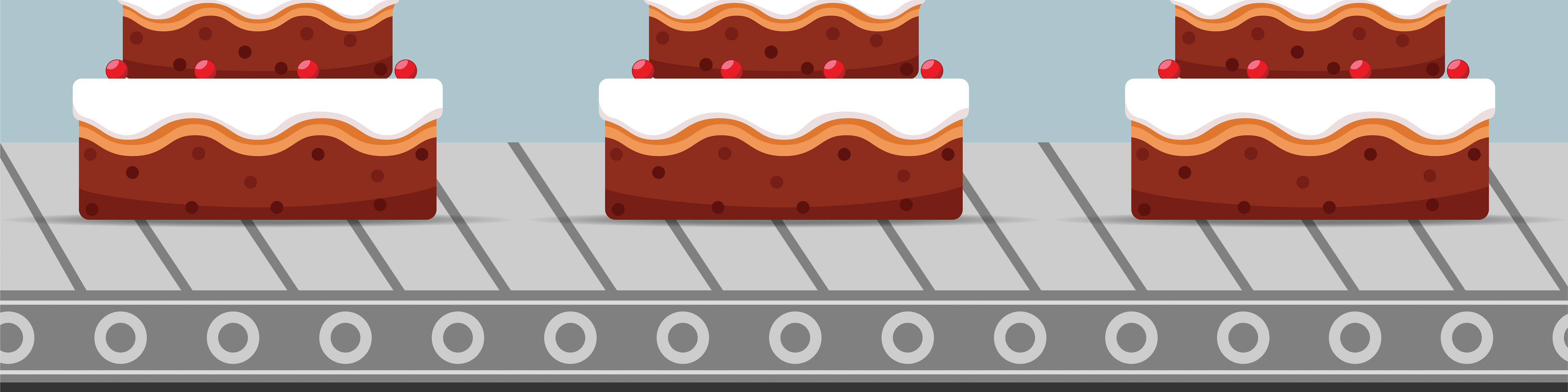 Cartoon of cakes on a conveyer belt