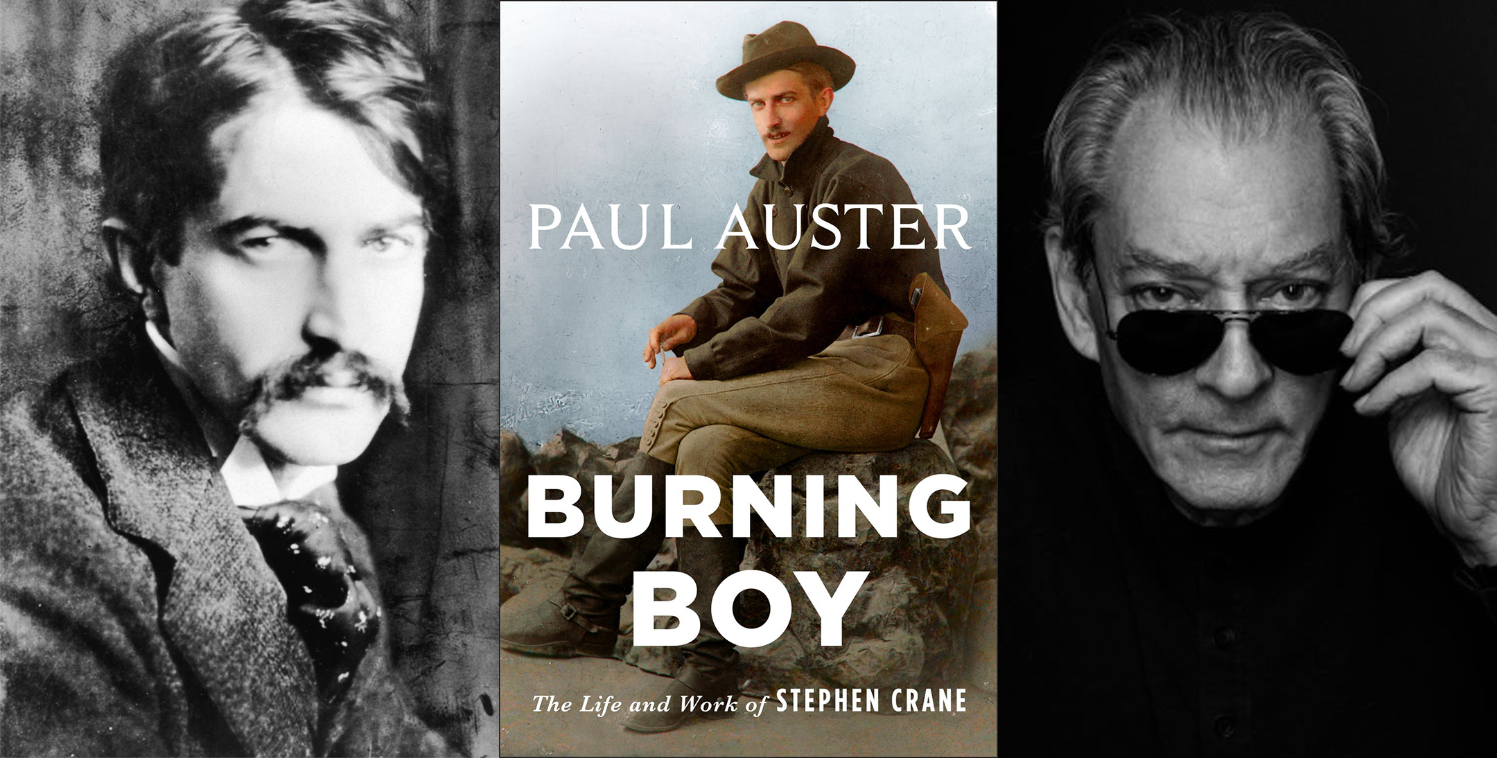 Portrait of American poet and writer Stephen Crane (left), cover of the book Burning Boy (center), portrait of author Paul Auster left