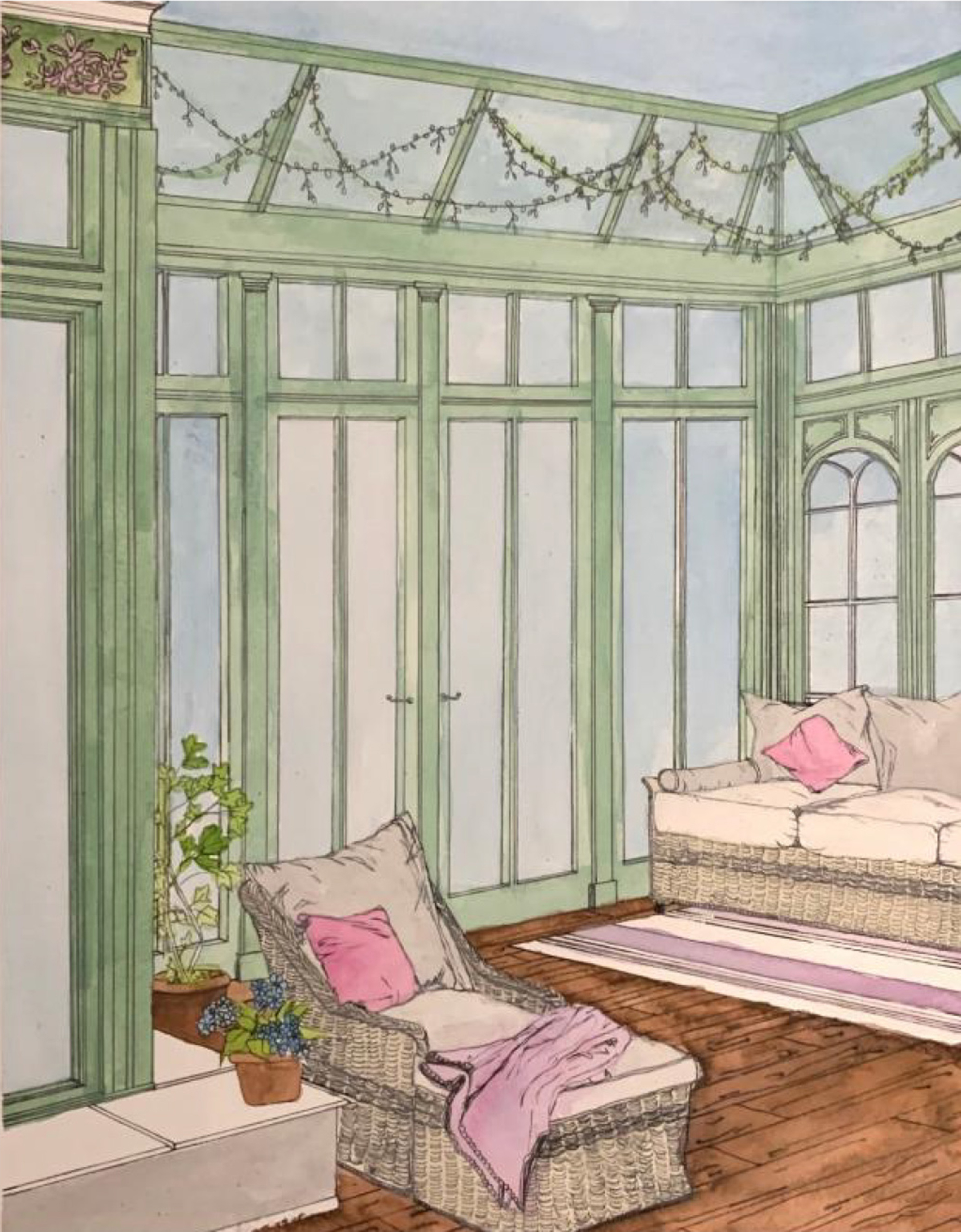 Illustration of a room with white furniture, pink pillows, and light blue walls with green trim