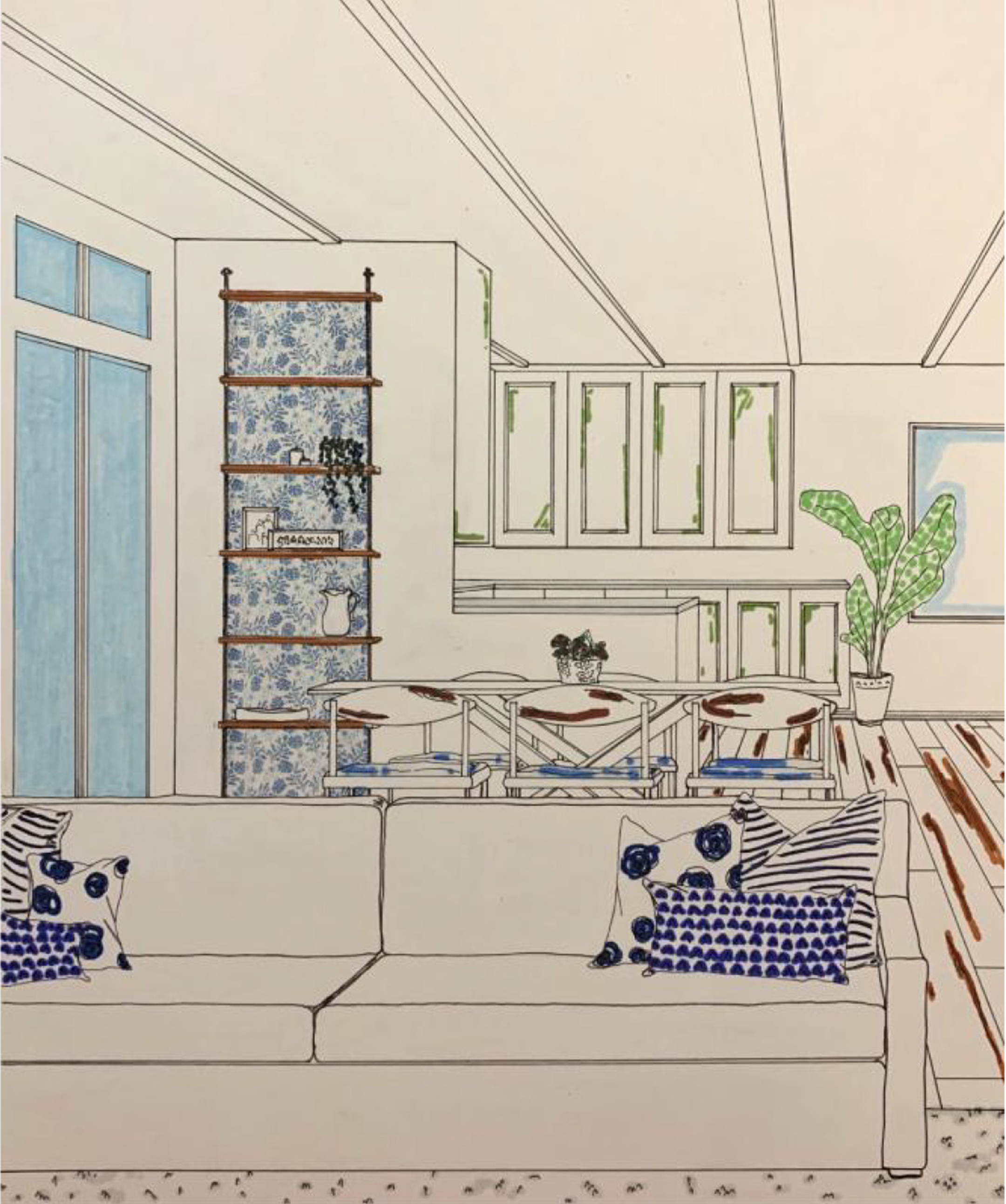 Illustration of a room, mostly all white, except for blue throw pillows and a green plant