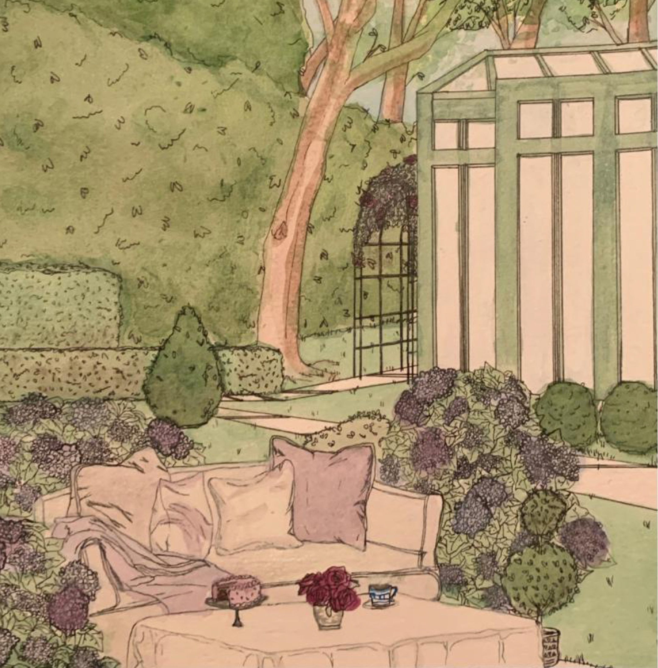 Illustration of a backyard with lawn furniture and a large tree