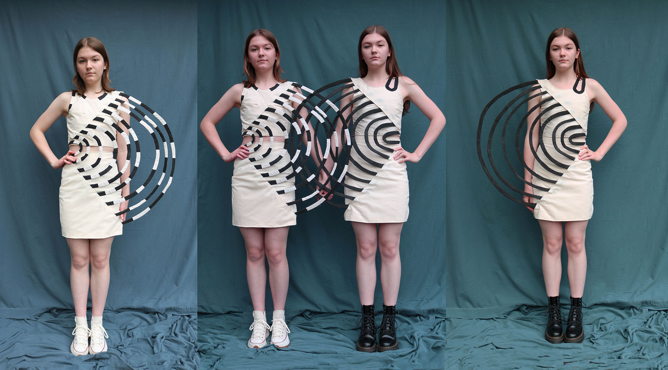 Four photos of a young woman in a white dress with a black quarter-circle structural element attached