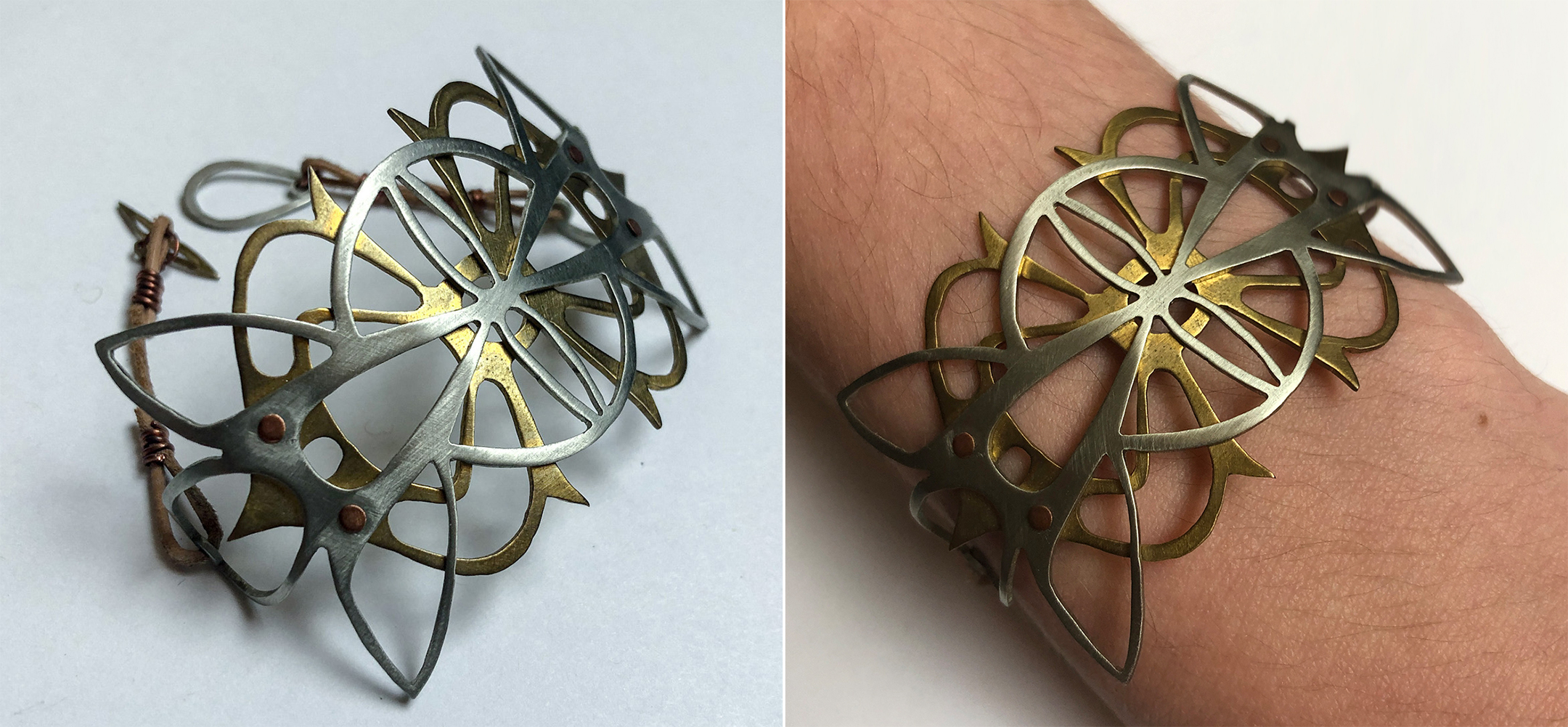 Two photos of a metal bracelet