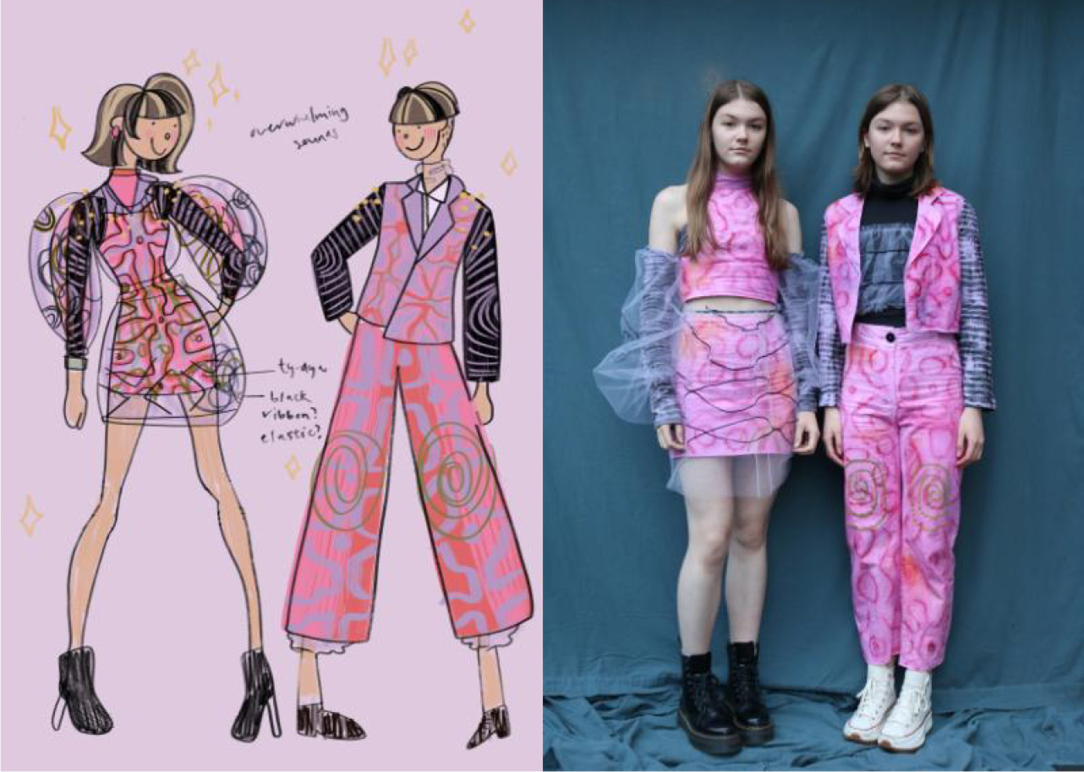 An illustration of two pink dresses next to a photo of two young women wearing the garments