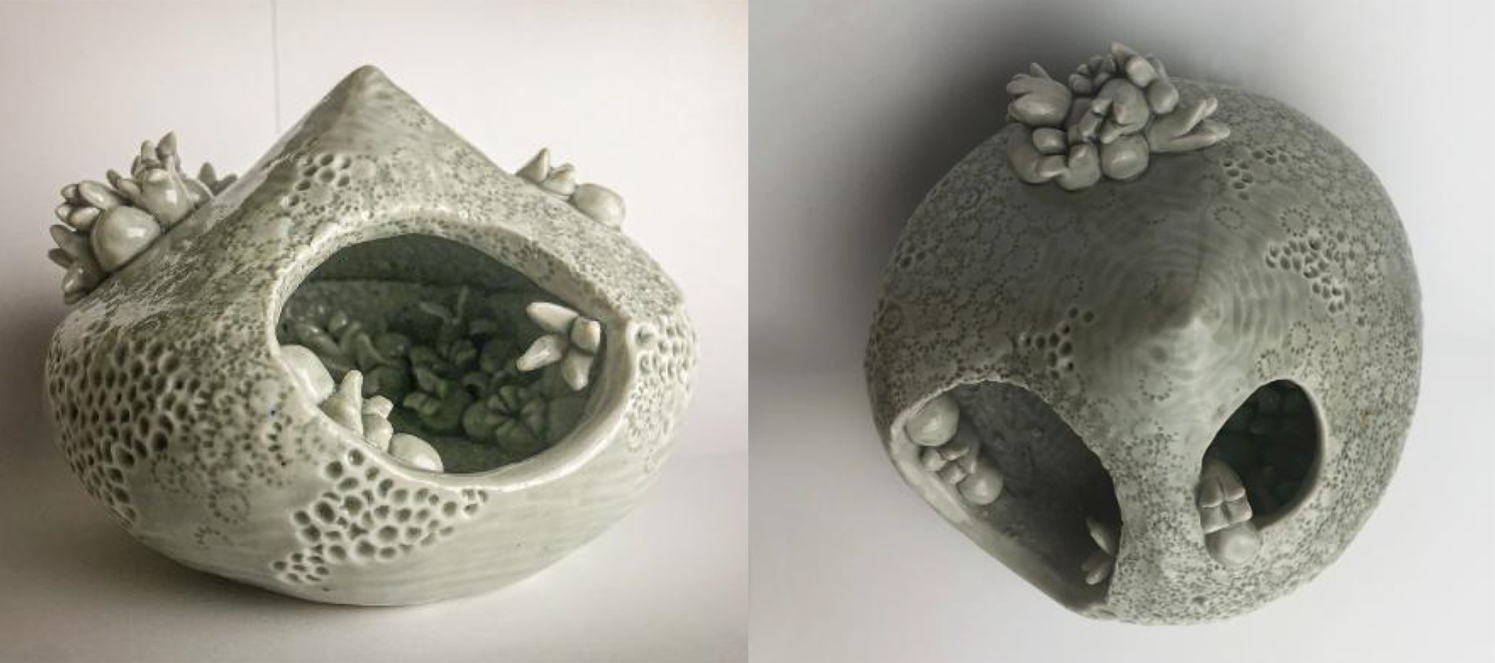 Two photos of a green water-drop shaped sculpture with elements carved into it