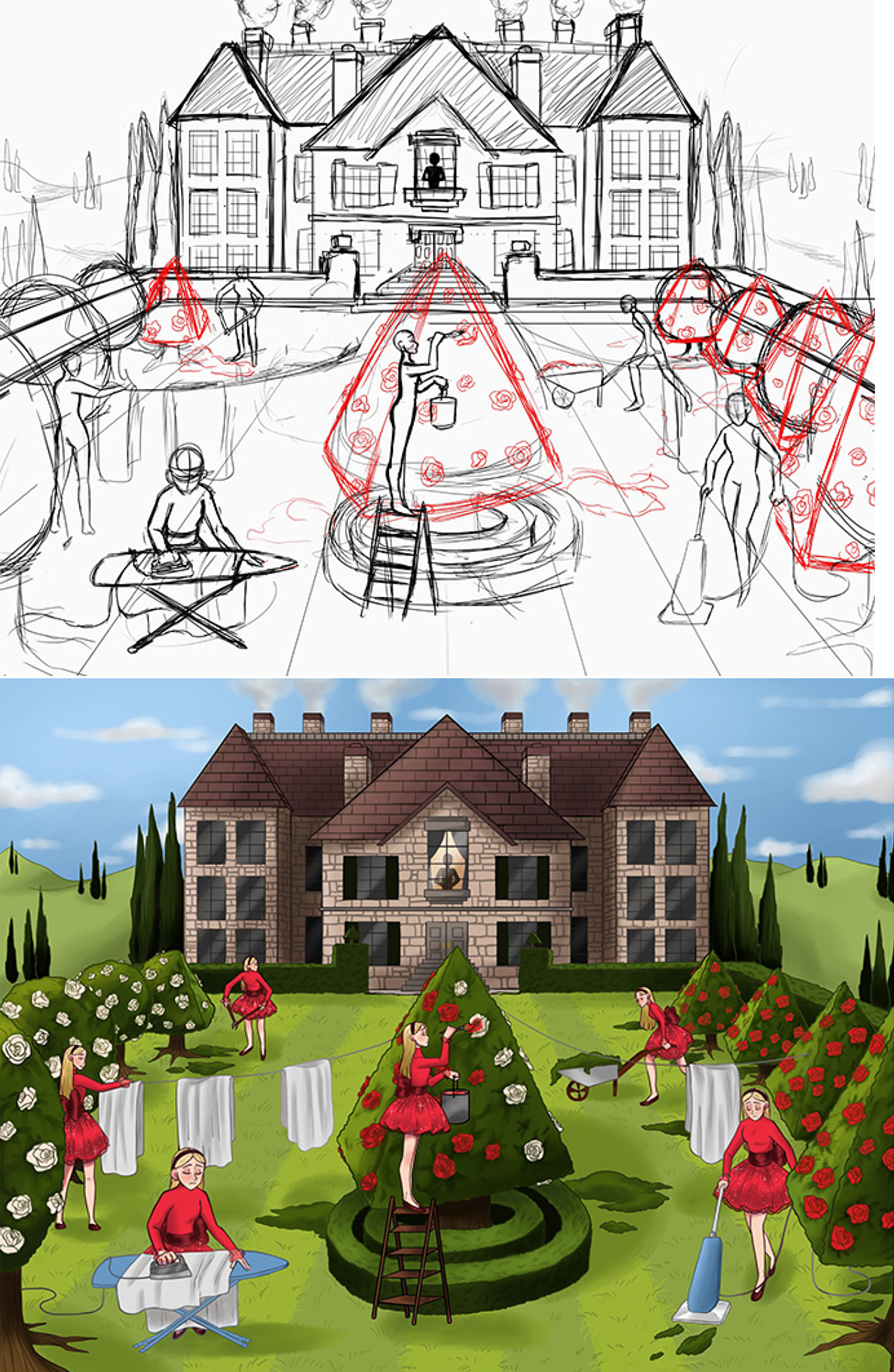 Black and white process sketch of an illustration of a mansion and its large front yard, above the completed work