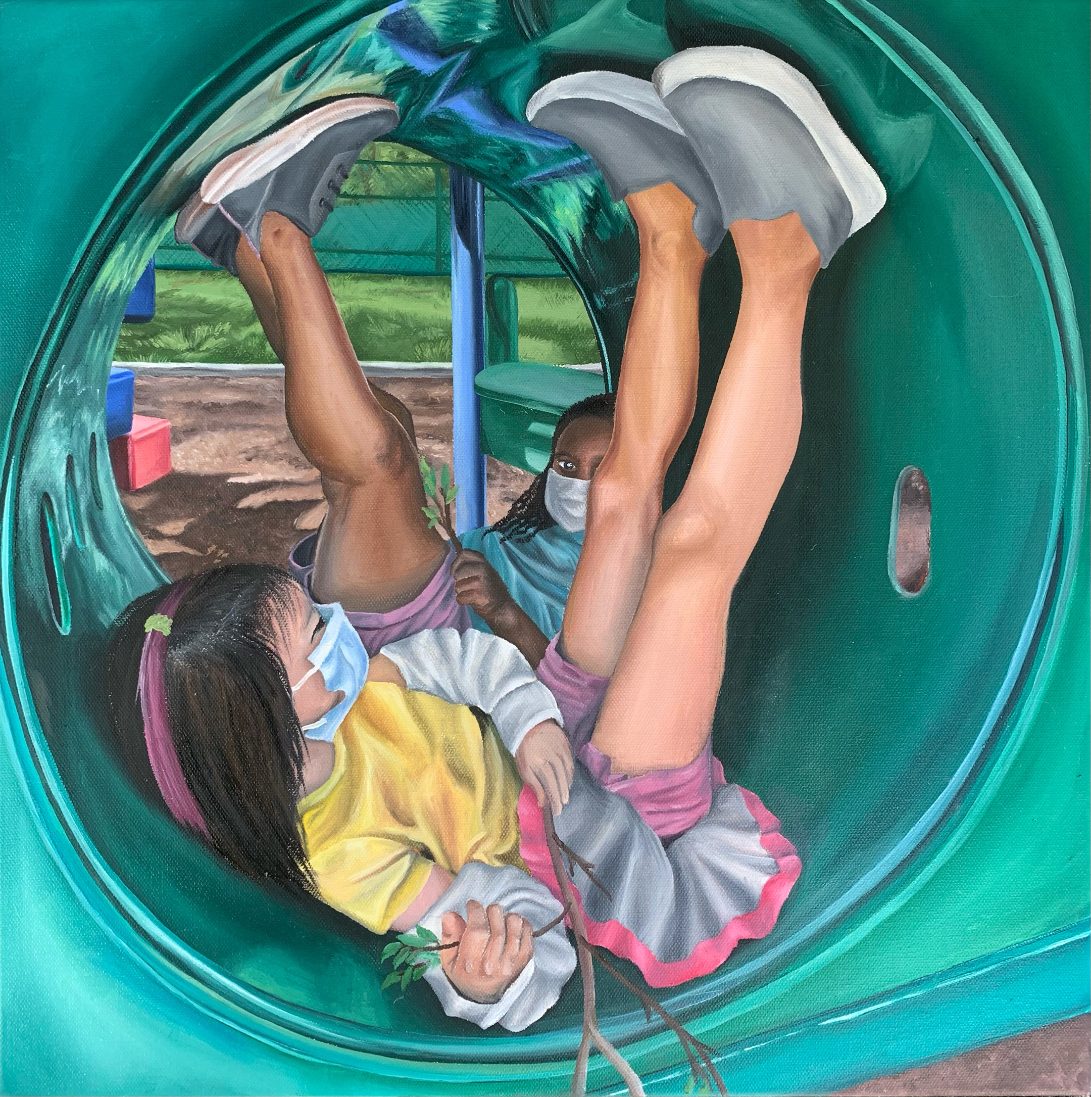 Painting of two young girls playing in a playground tube