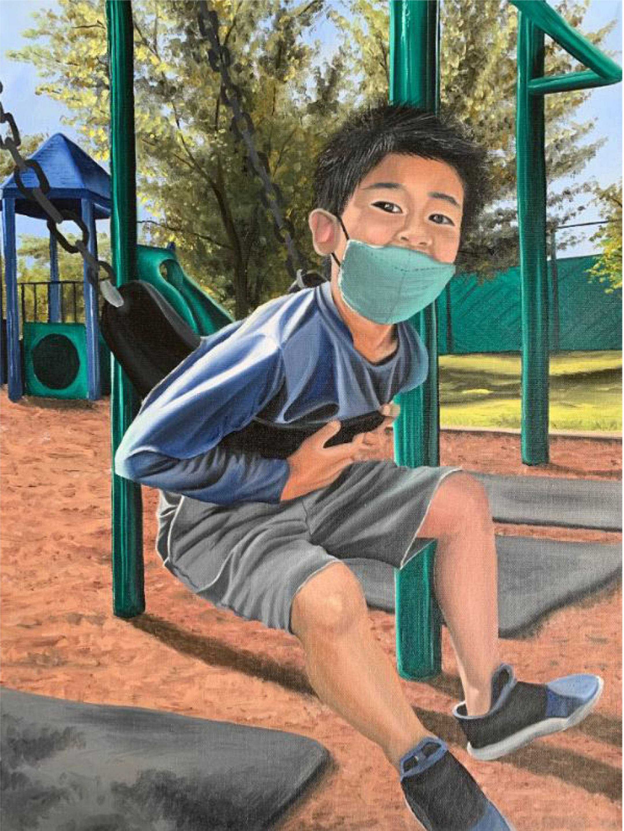 Painting of a young boy playing on a playground swing