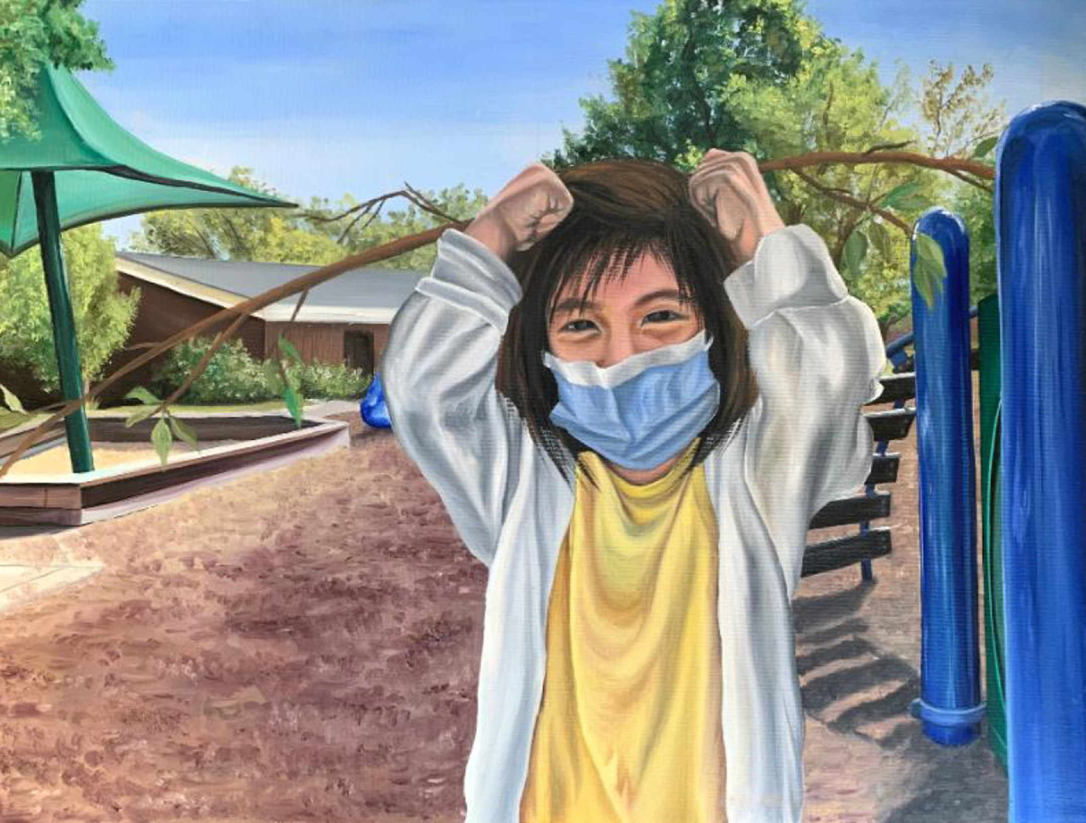 Painting of a young girl smiling in front of playground equipment