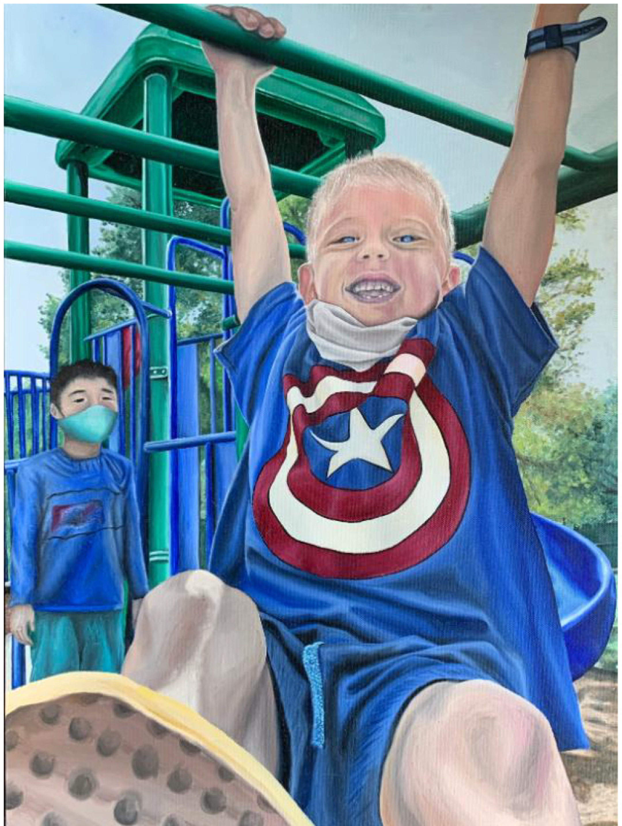 Painting of two young boys playing on a playground's monkey bars 