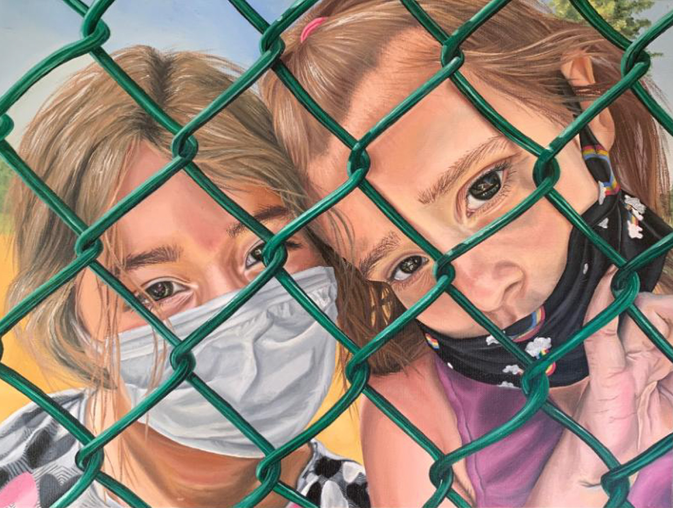 Painting of two young girls looking through a green fence 