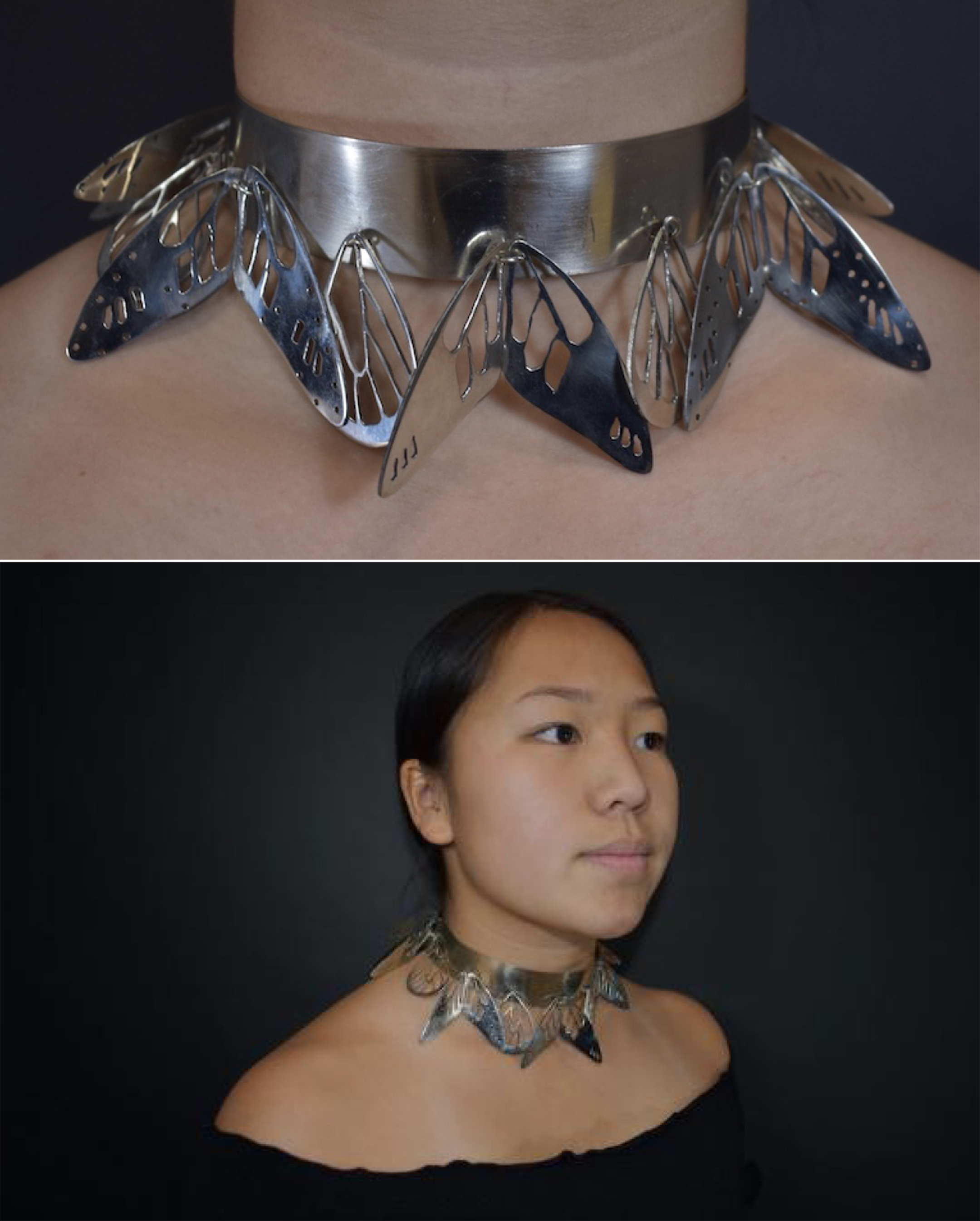 Photo of a young Asian woman wearing a metal choker with metal butterflies