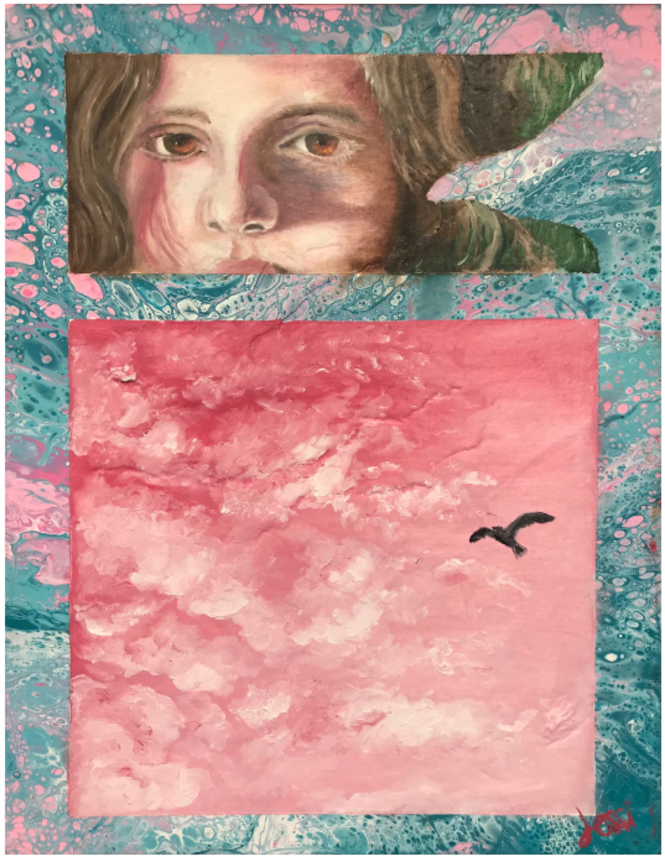 Painting of a young woman at the top with a square pink sky and a bird below, both against a turquoise background