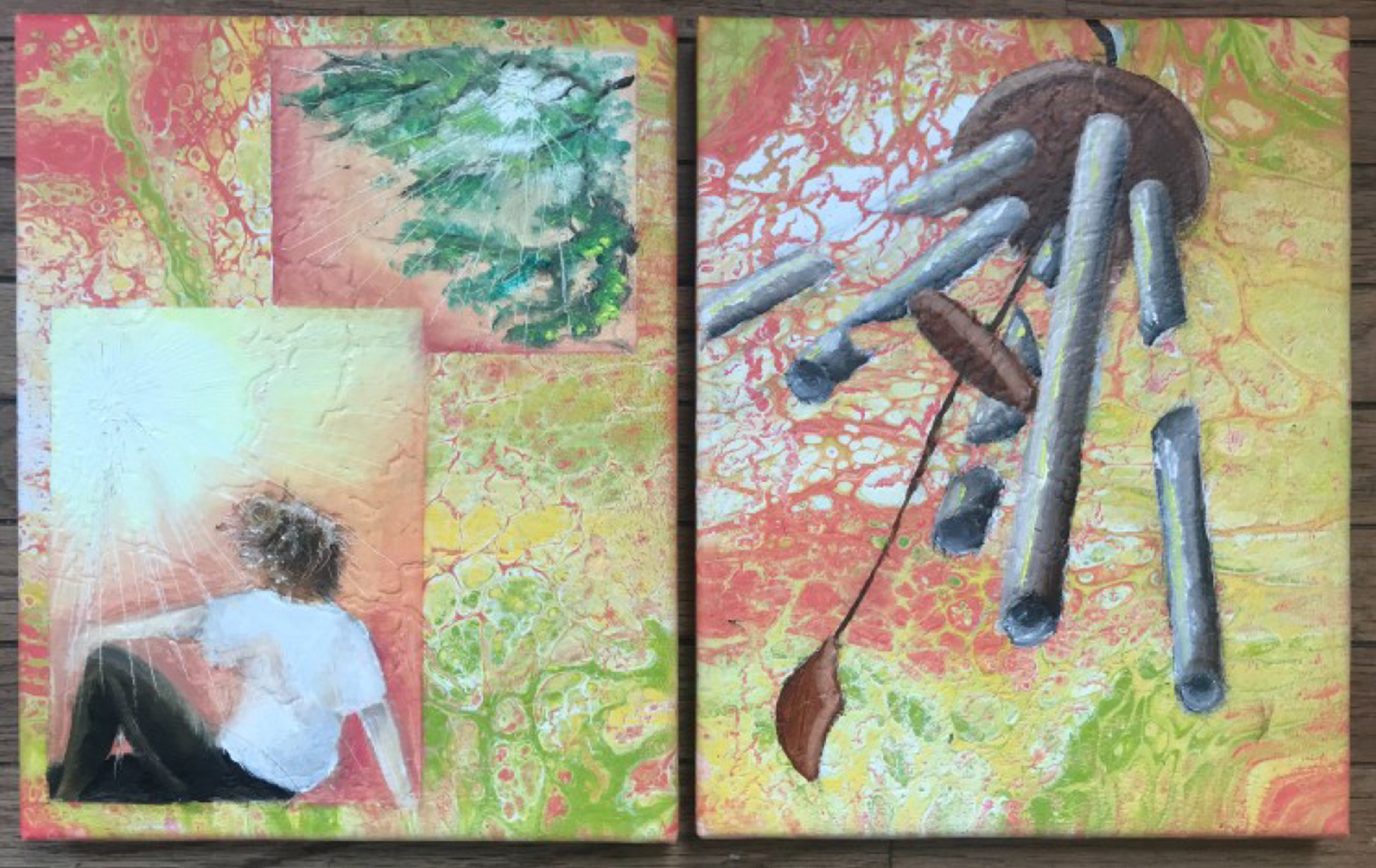Two paintings, side by side, with one of a seated young person in a forest-like scene on the left and a broken wind chime on the right