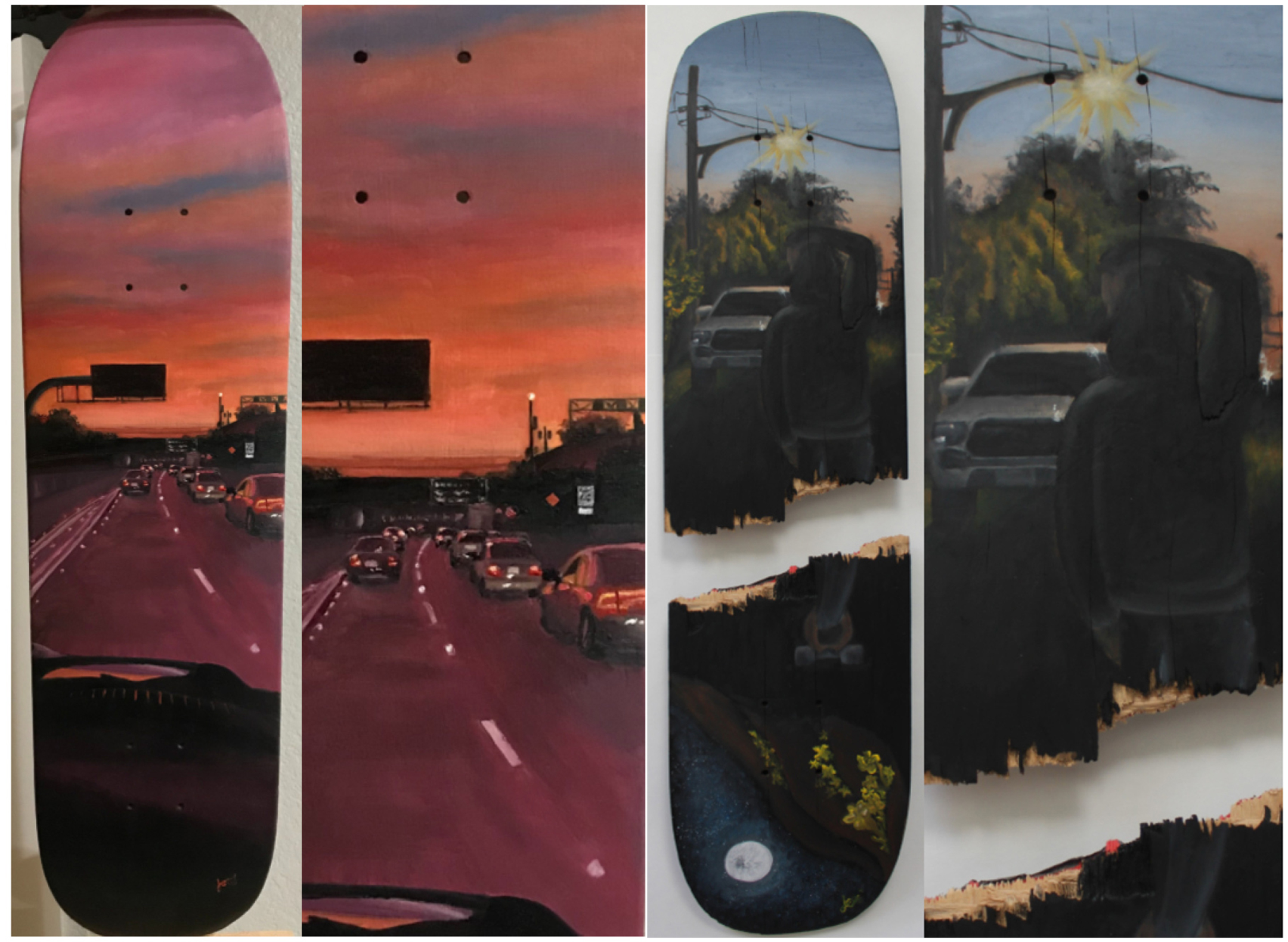 Two skateboards each painted with traffic scenes
