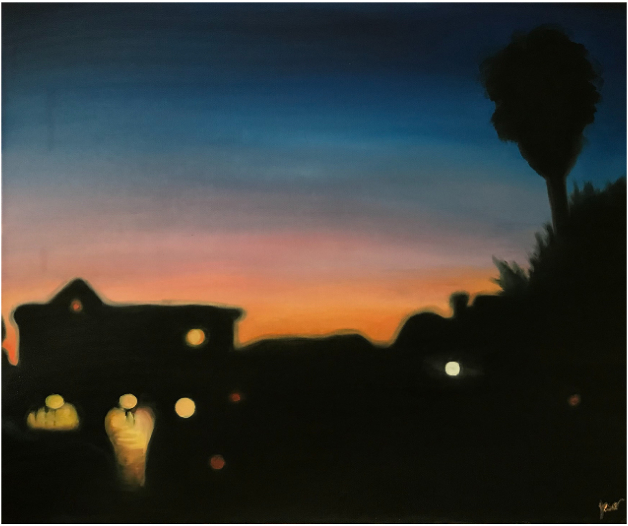 Painting of an out-of-focus sunset with a house and tree in the background