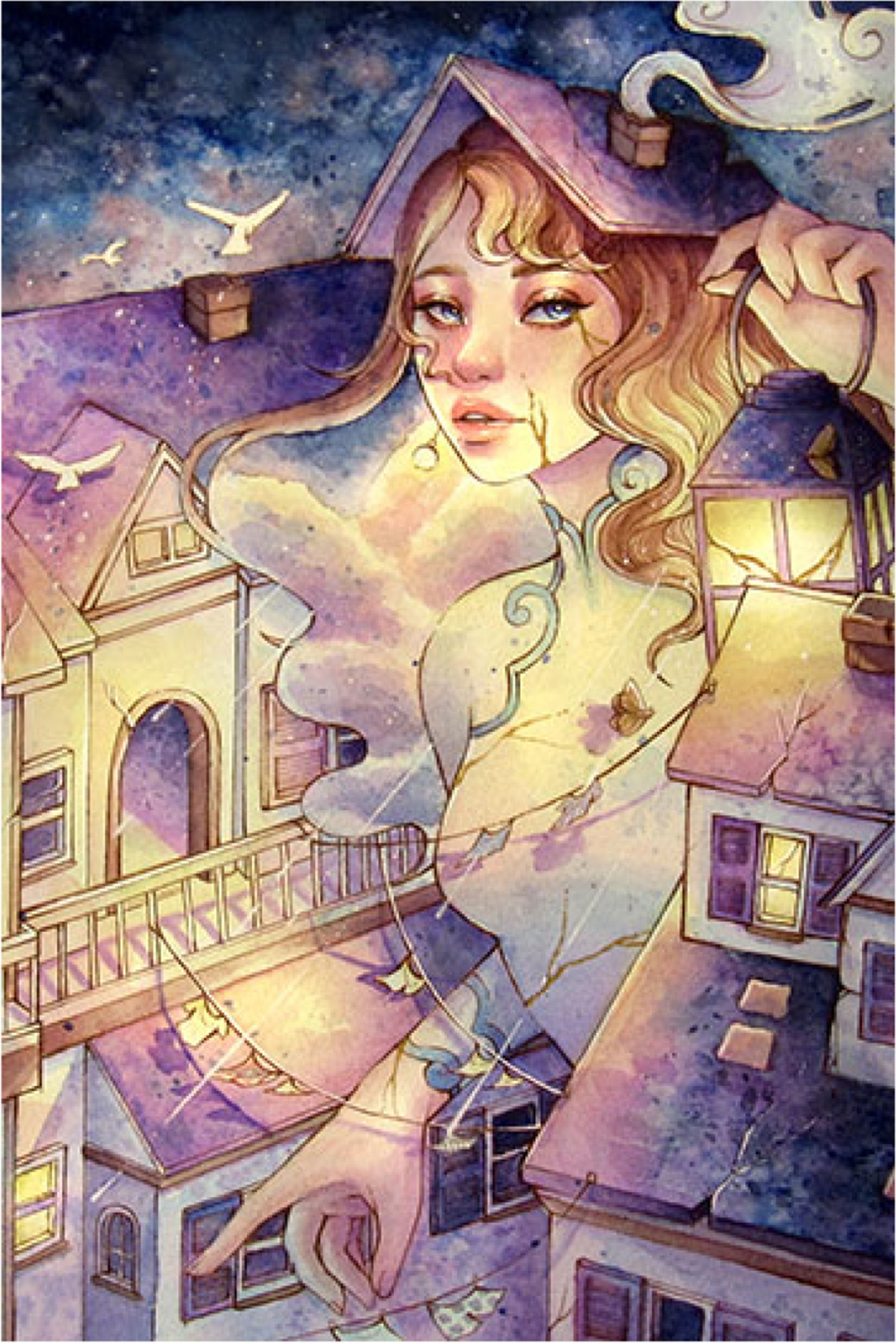 Painting of a young woman, as tall as a house, walking through streets at night
