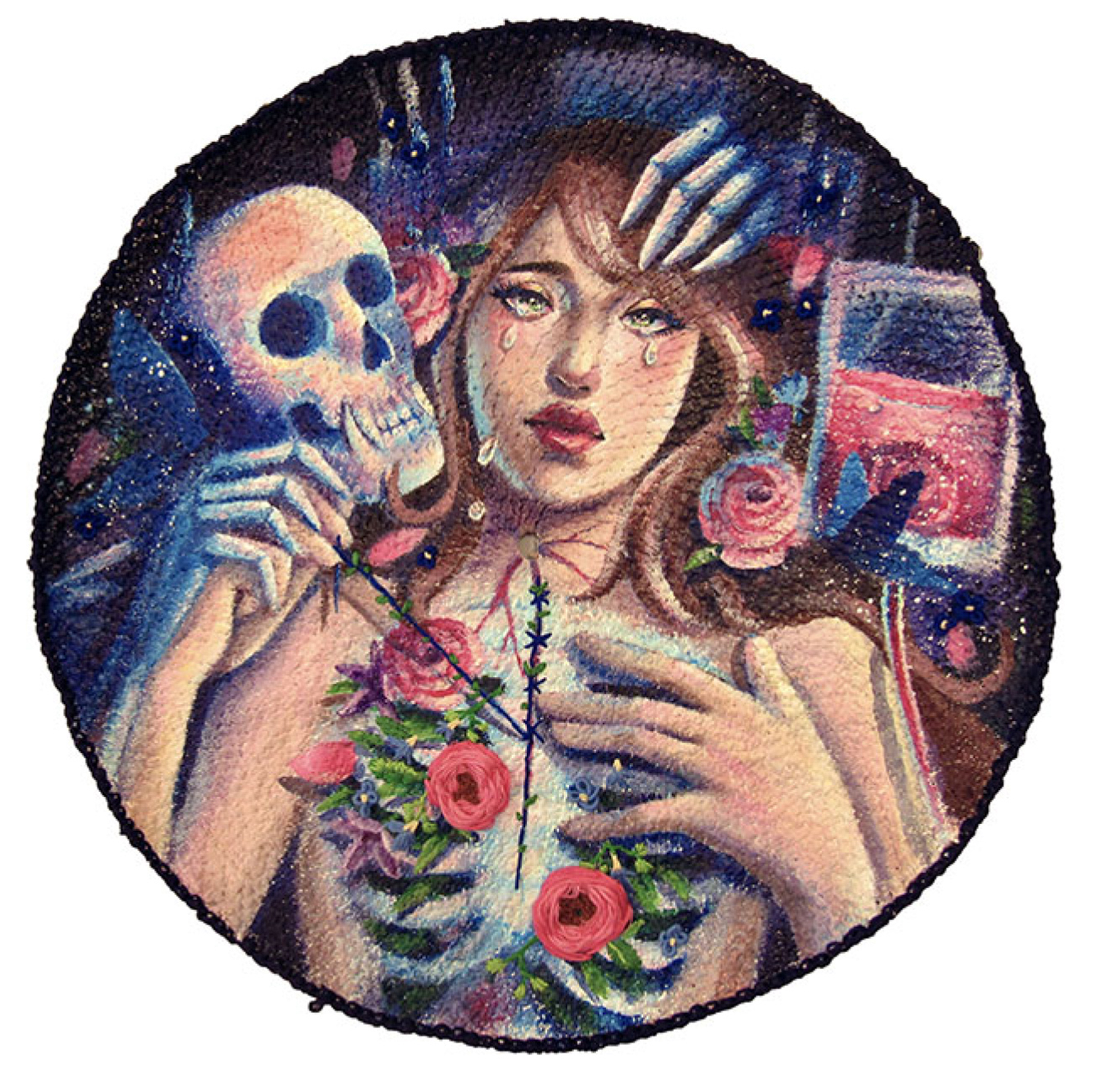 Round painting of a crying woman caressed by a skeleton