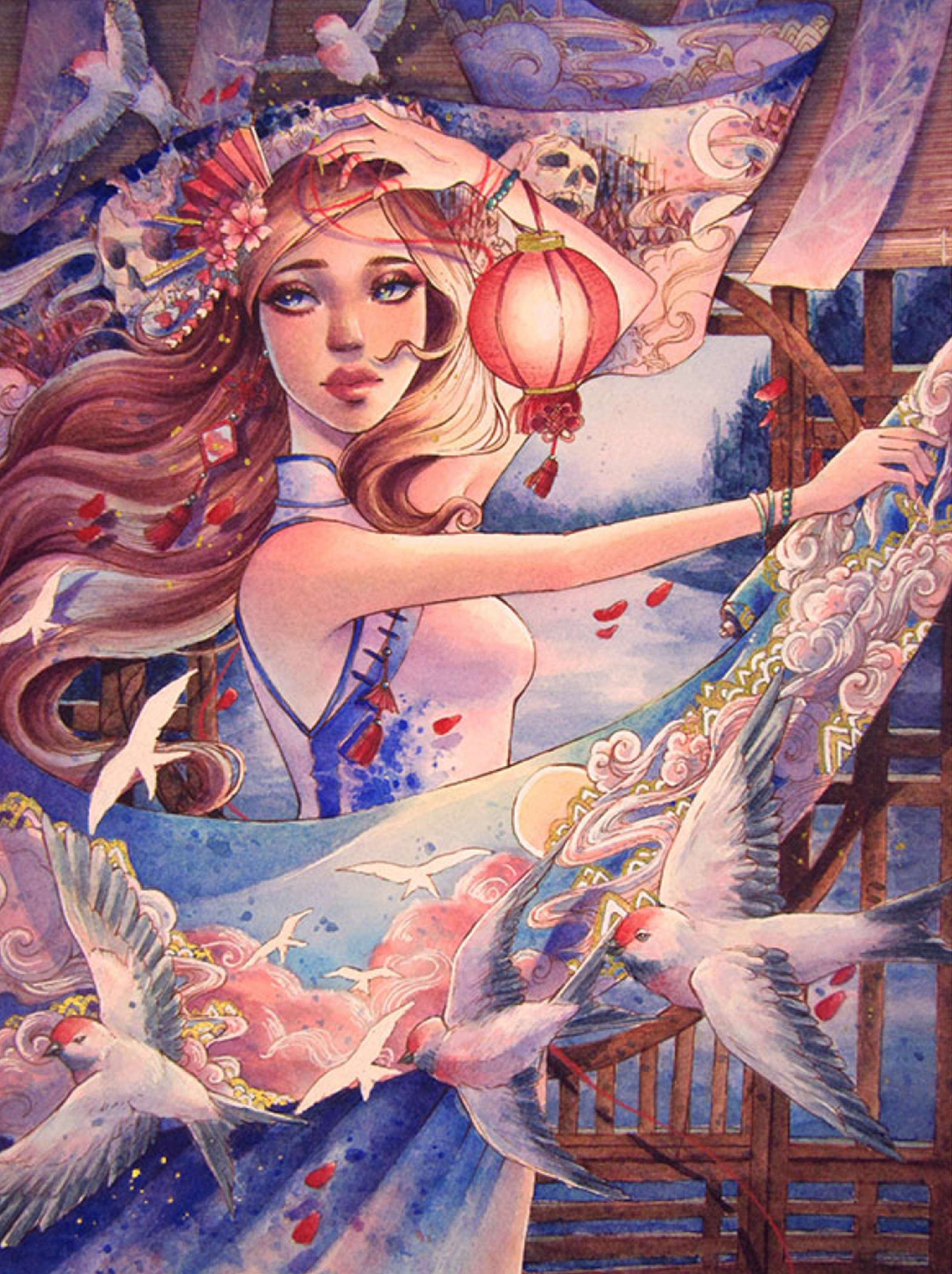 Painting of a young woman in a fantasy scene of doves and wind and elements