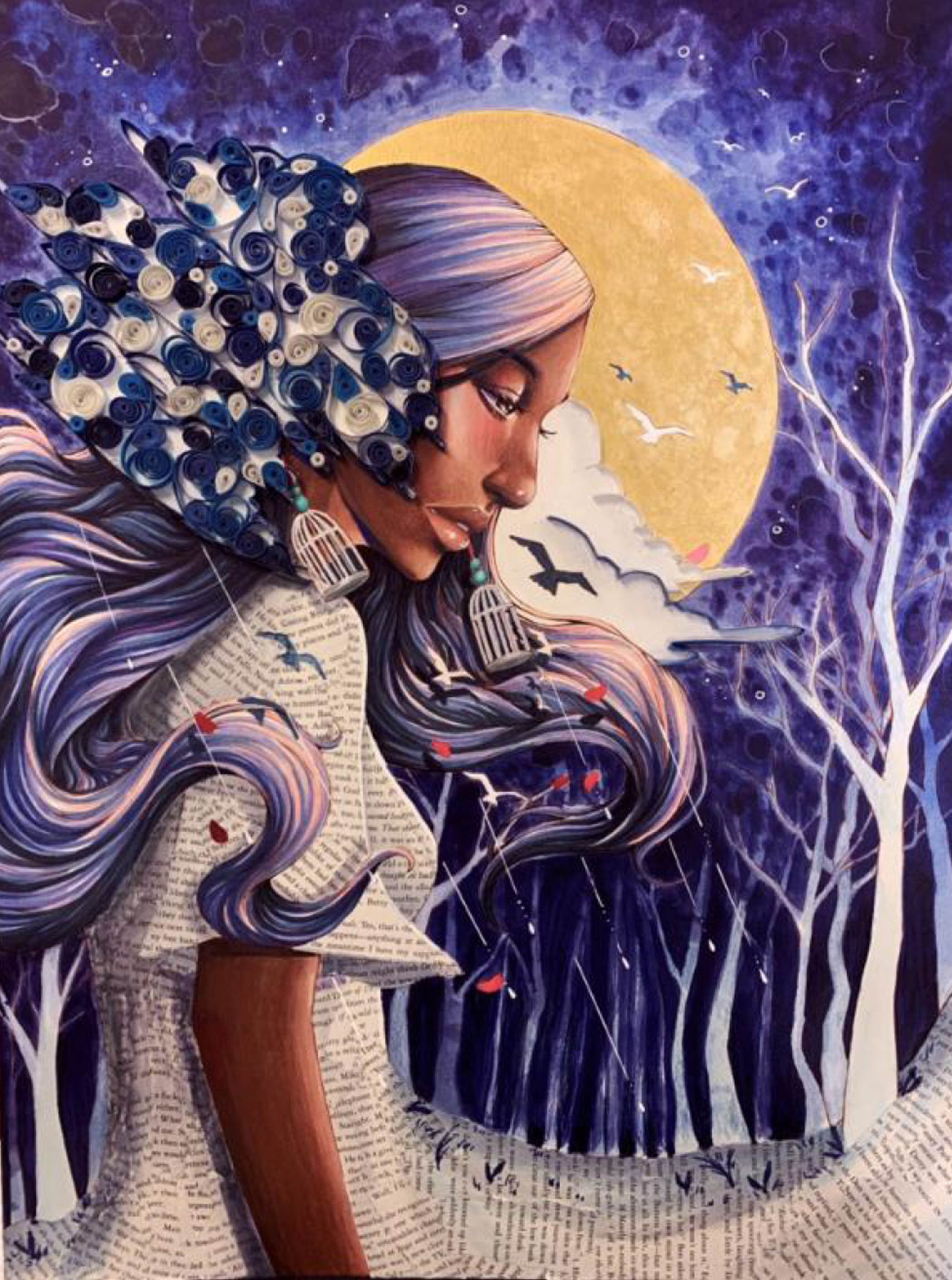Painting of a young Black woman with purple hair, looking down while walking in a forest at night