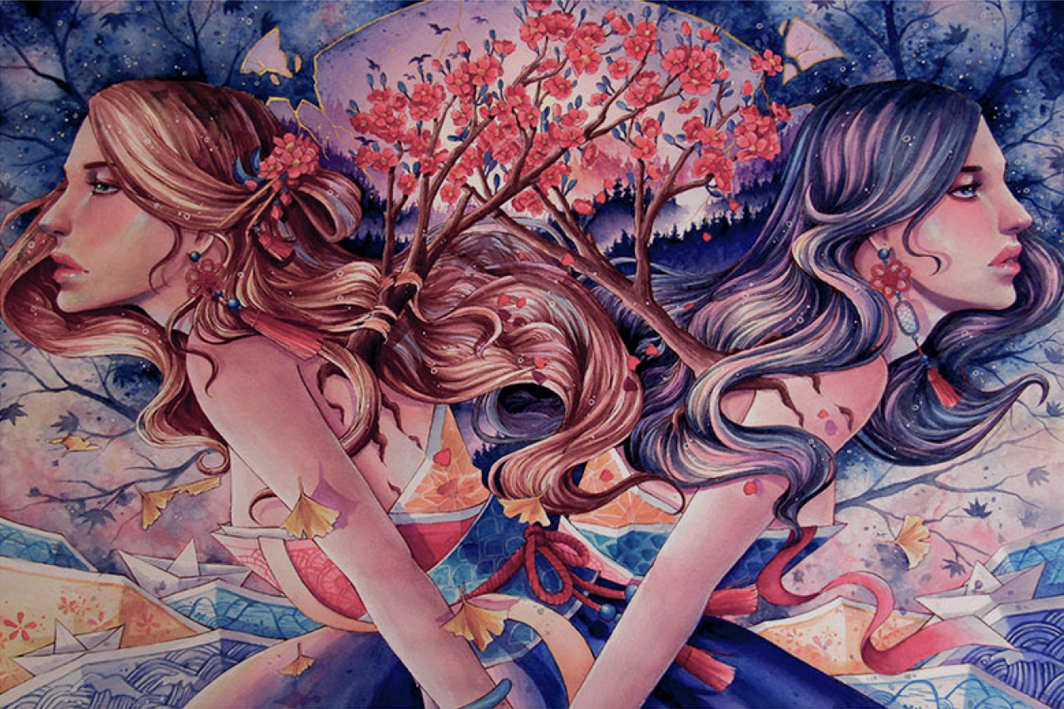 Painting of two young woman, moving in opposite directions from a common central point, with a tree of flowers growing between them