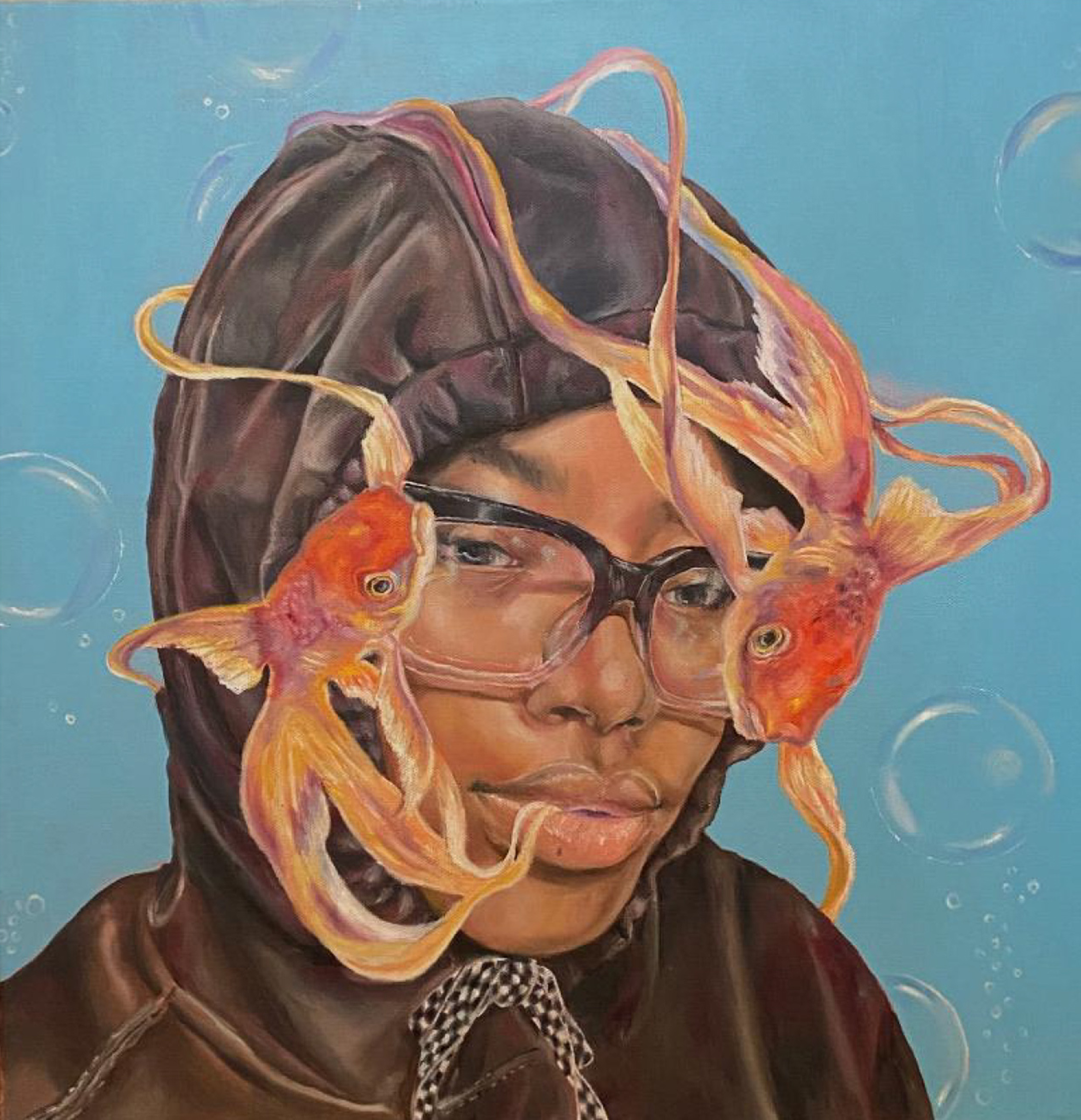 Portrait of a young black woman in a hoodie and glasses with goldfish swimming around here against a blue background