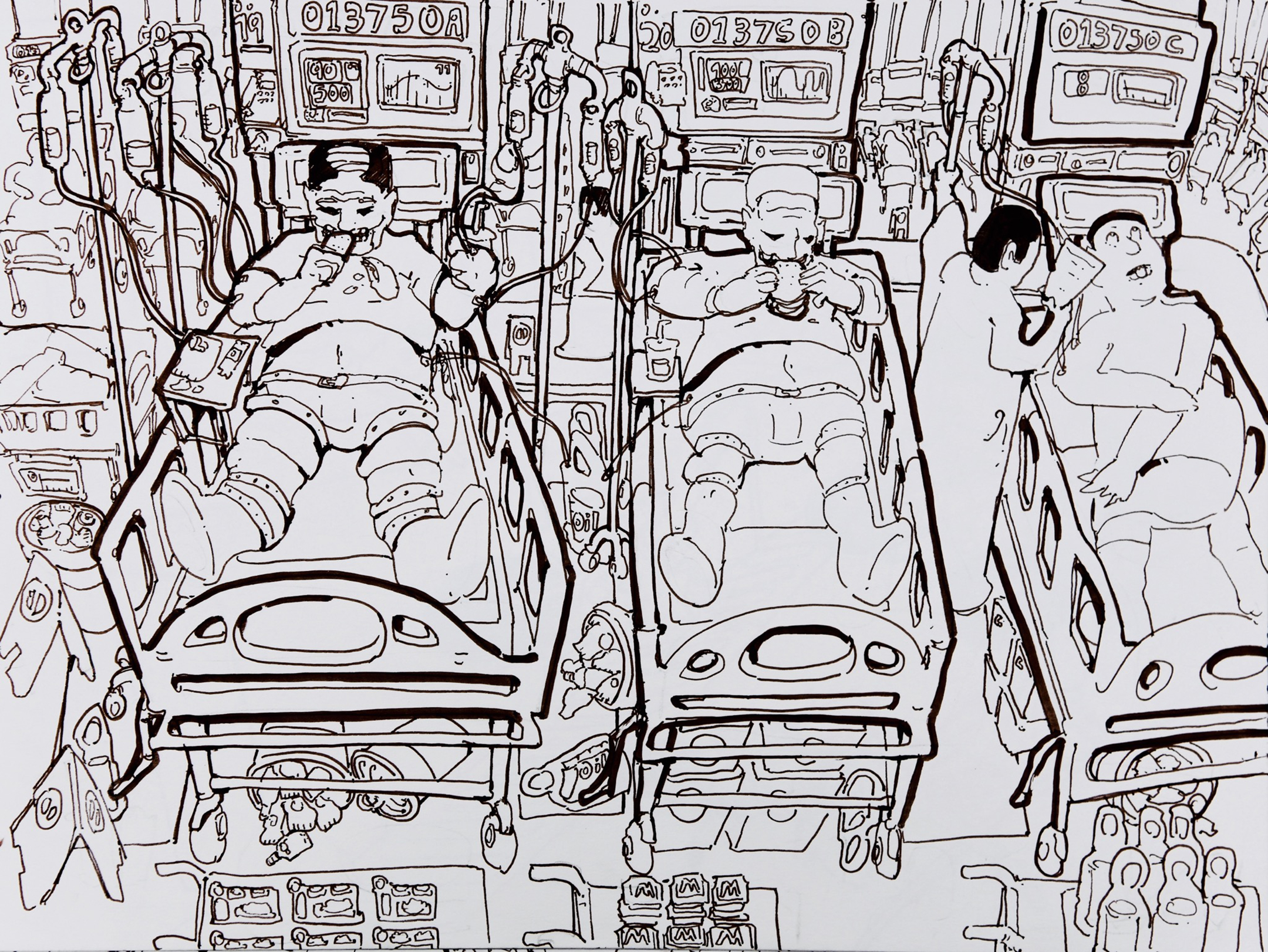 Black and white drawing of three men in hospital beds hooked up to machines