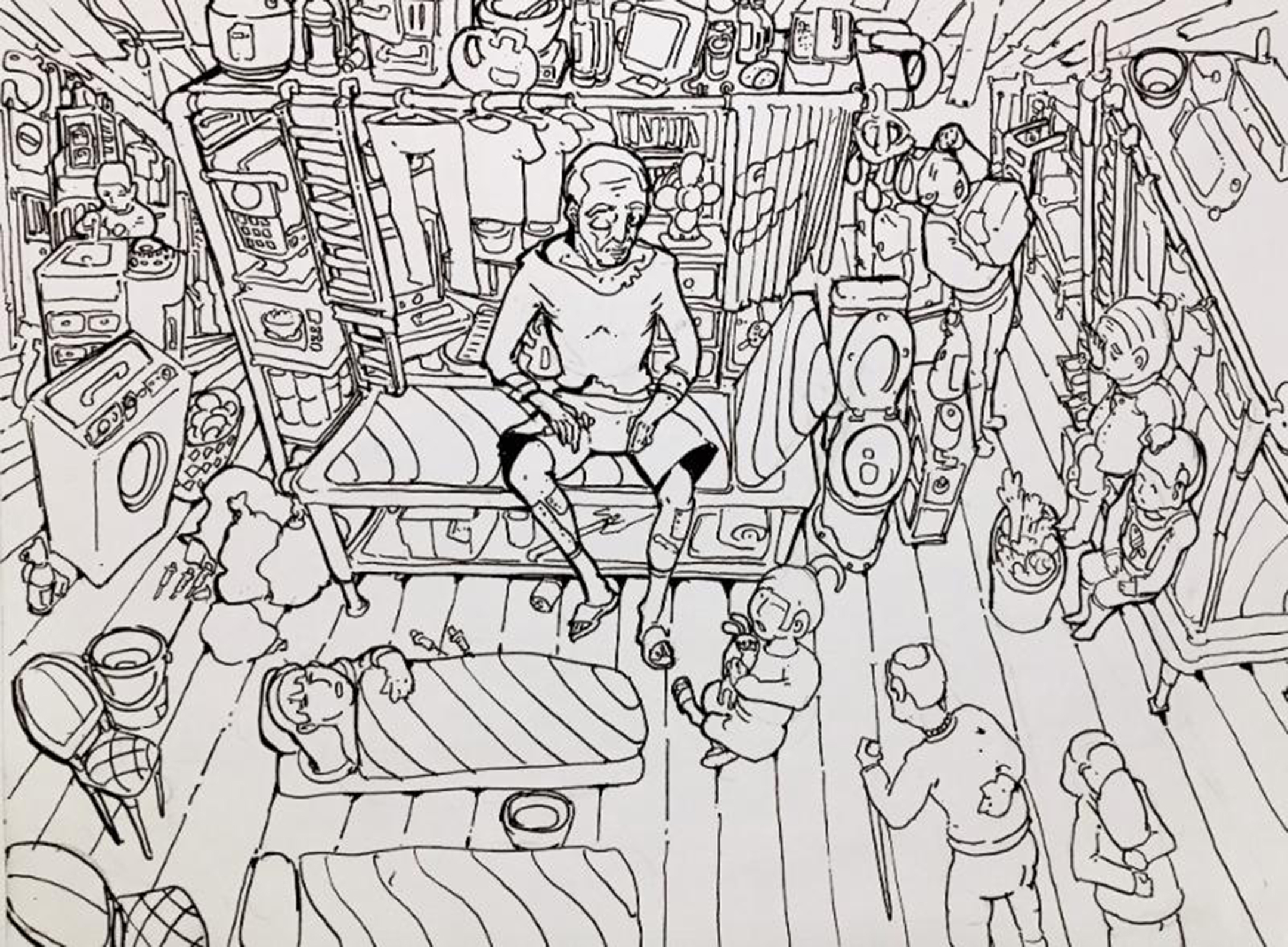 Black and white drawing of an emaciated man sitting on a bed in a crowded room