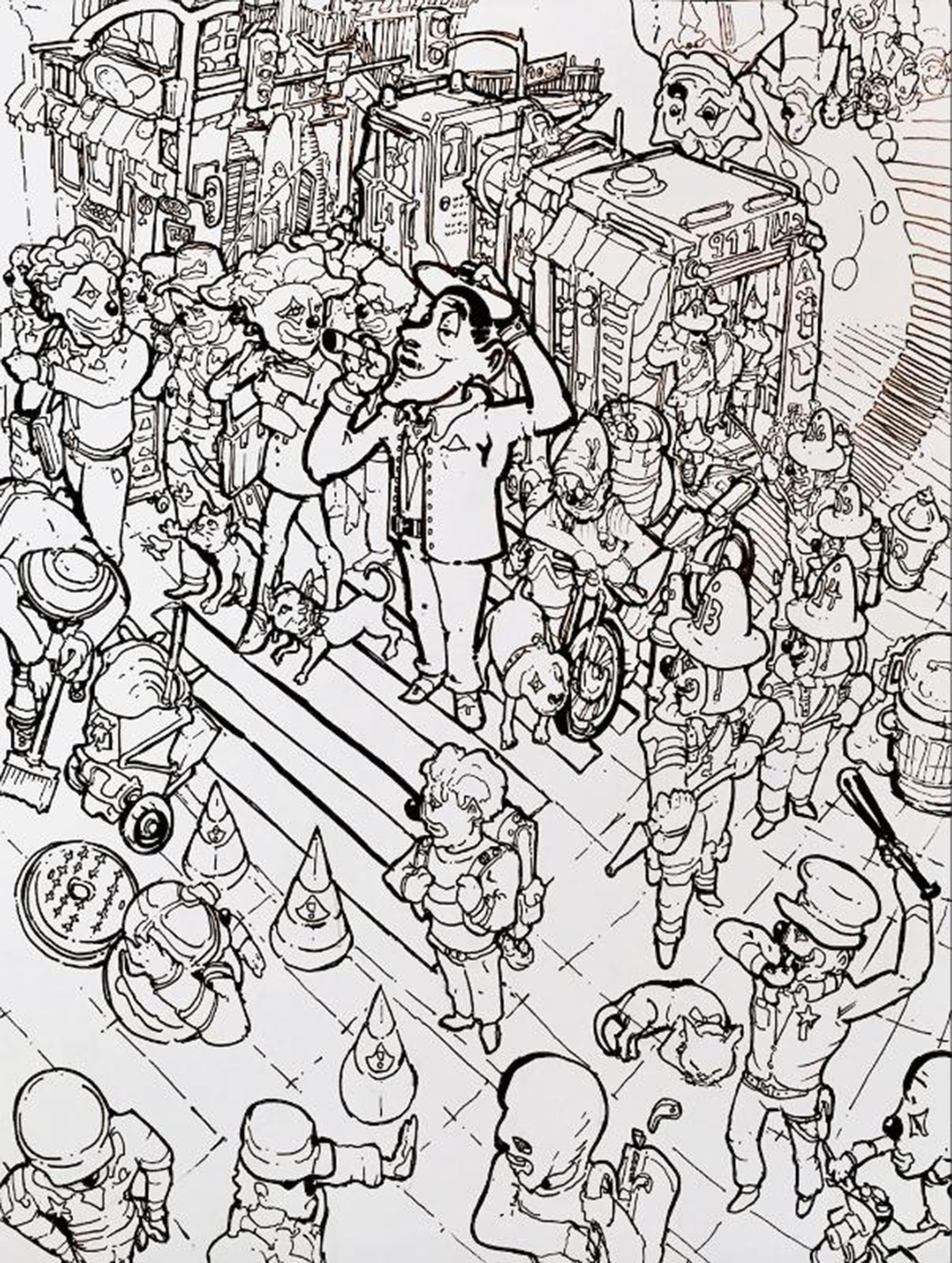 Black and white drawing of a grinning man standing in a crowd