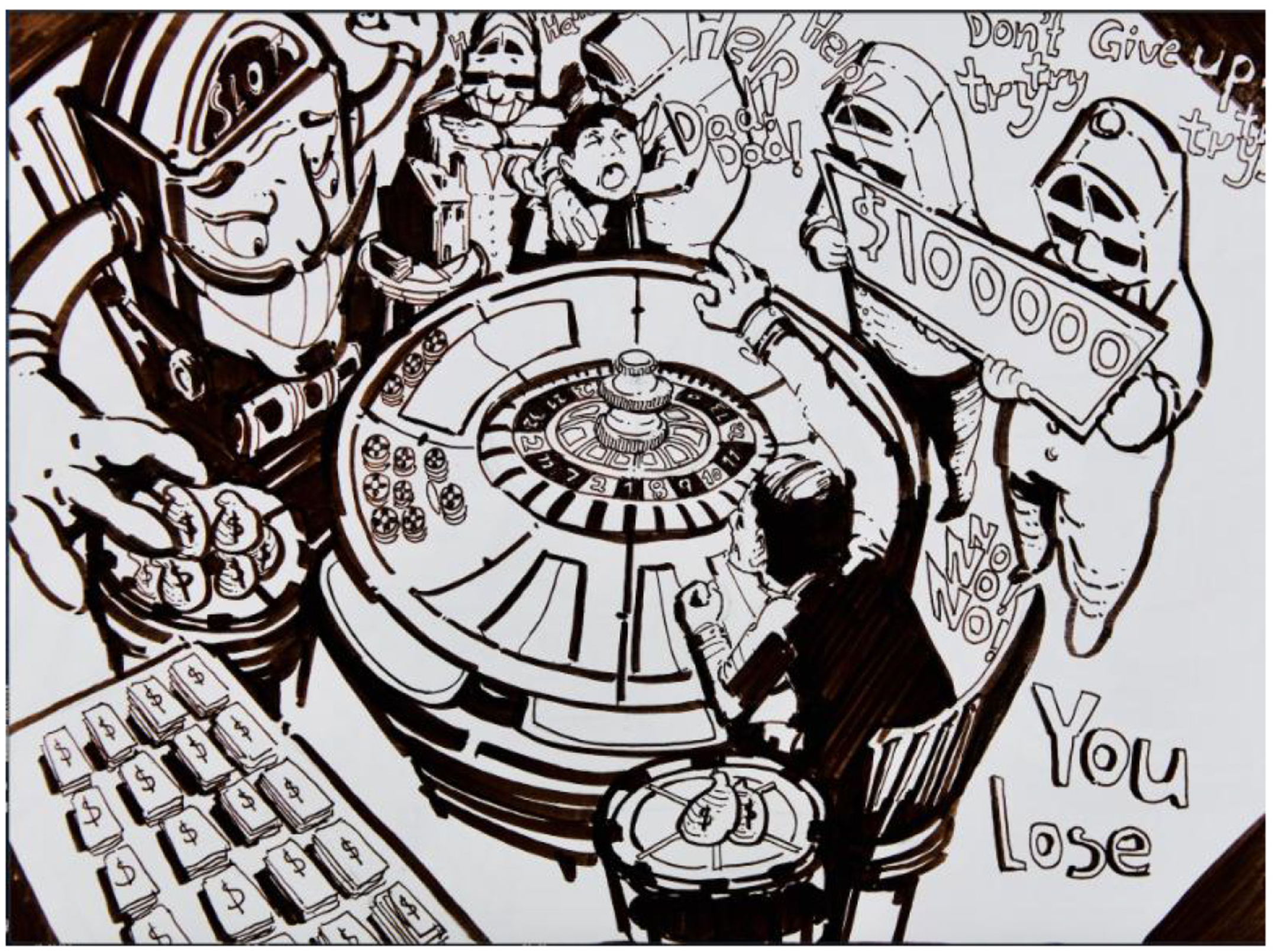 Black and white drawing of a man at a roulette table surrounded by people and machines