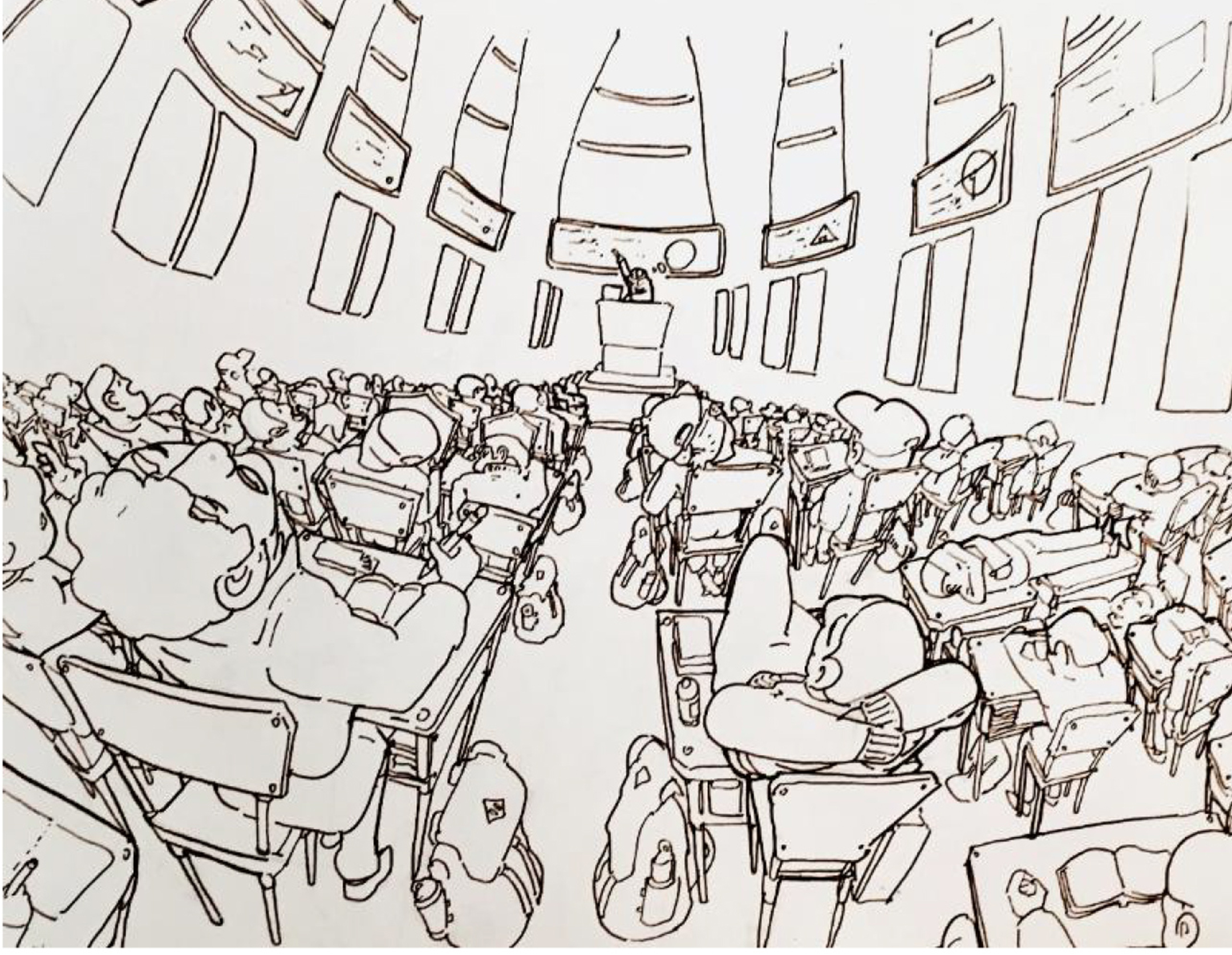 Black and white drawing of a large classroom full of students at desks seen from the back of the room