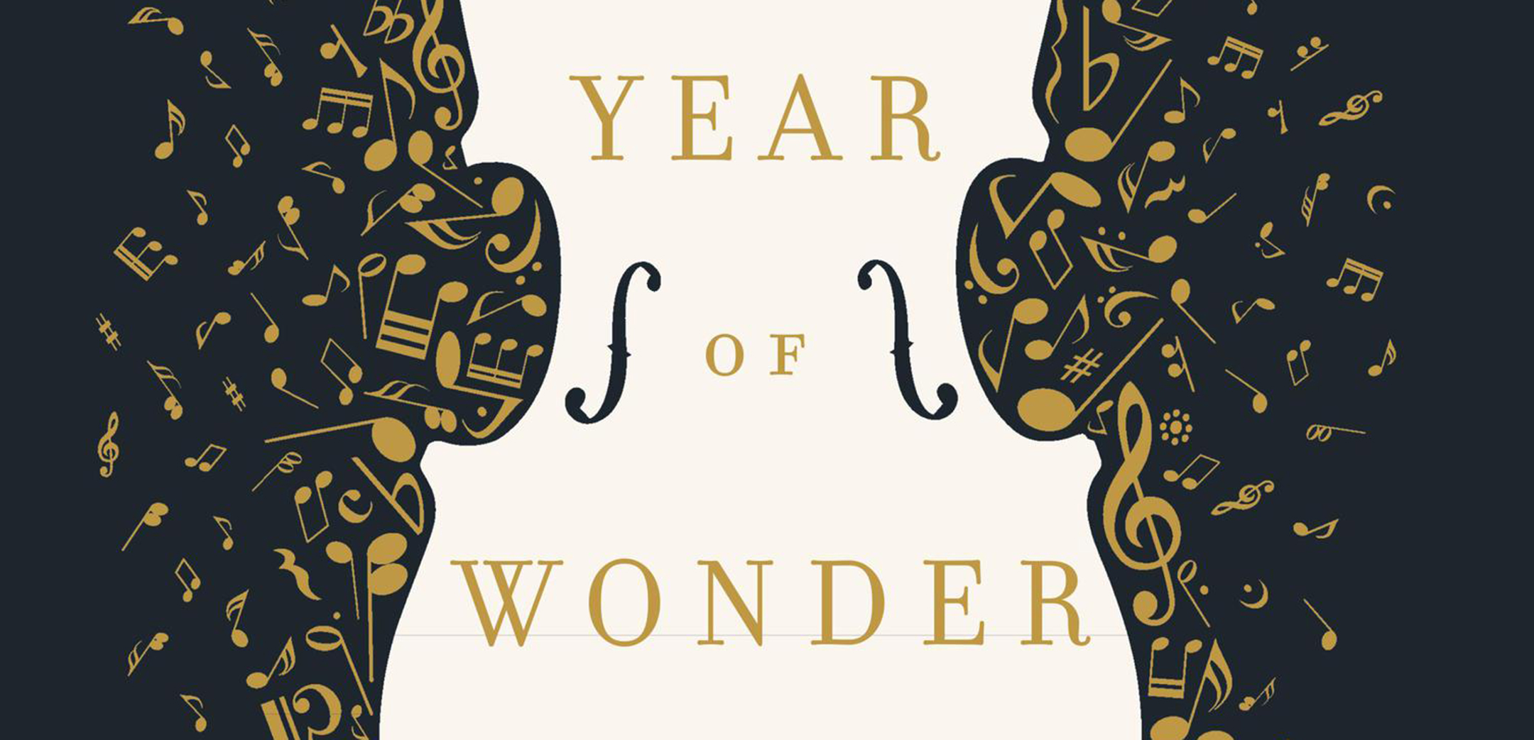 Detail of book cover for Year of Wonder, featuring an outline of a violin surrounded by musical notes with the title in the center
