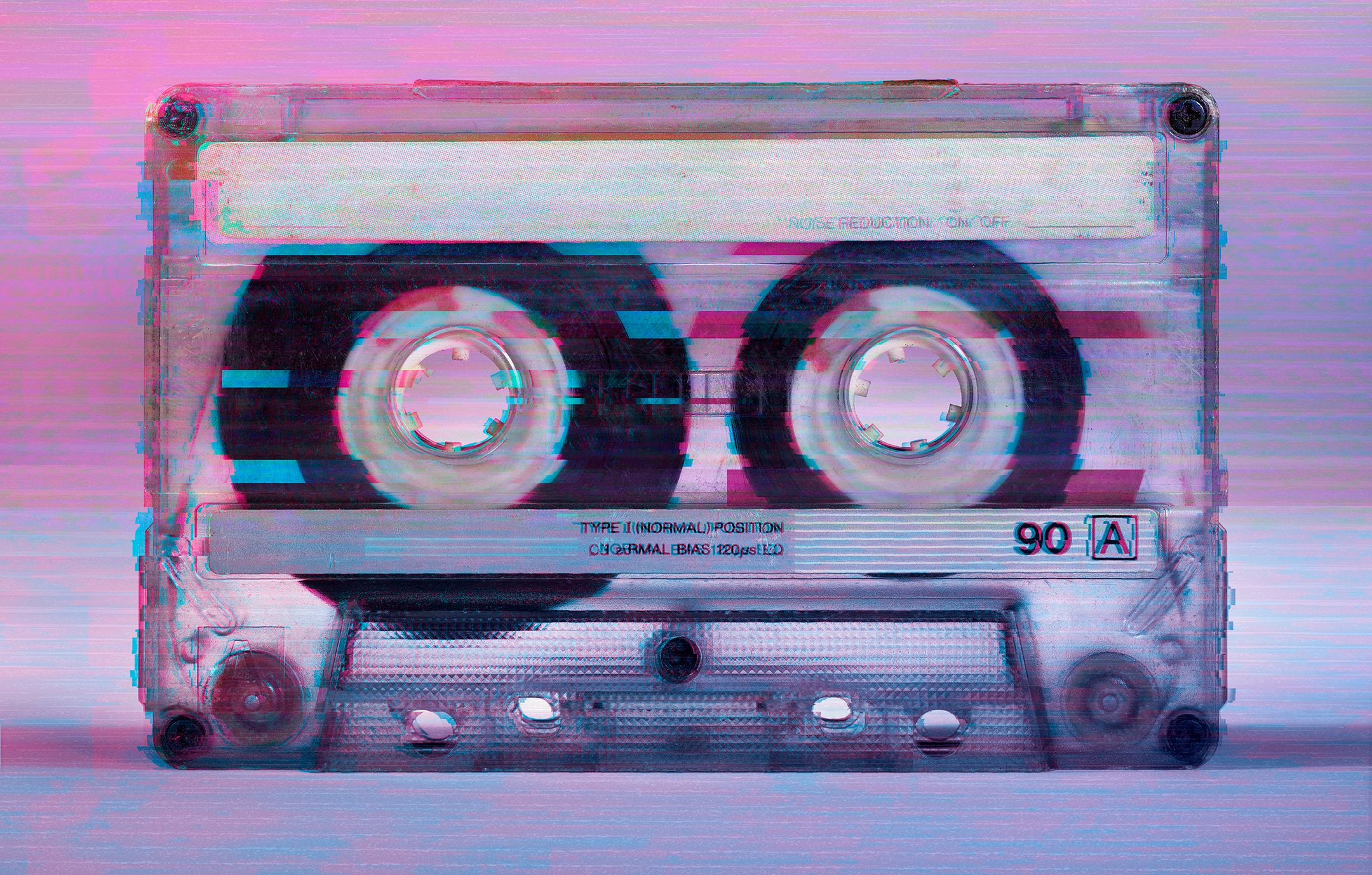 Frontal view of a cassette audio tape with glitch vhs effect