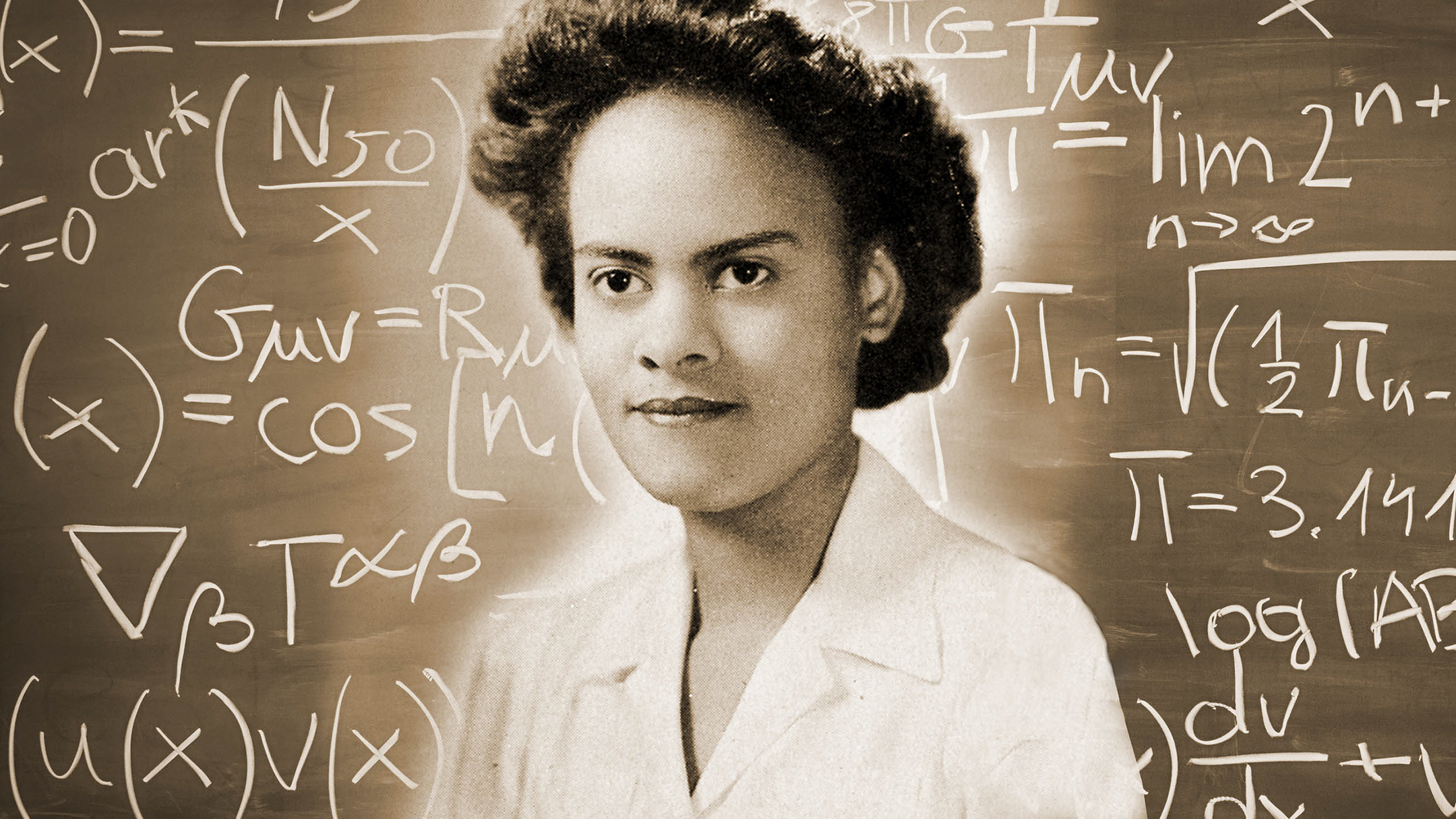 Photo illustration depicting a young Evelyn Boyd against a chalkboard full of equations