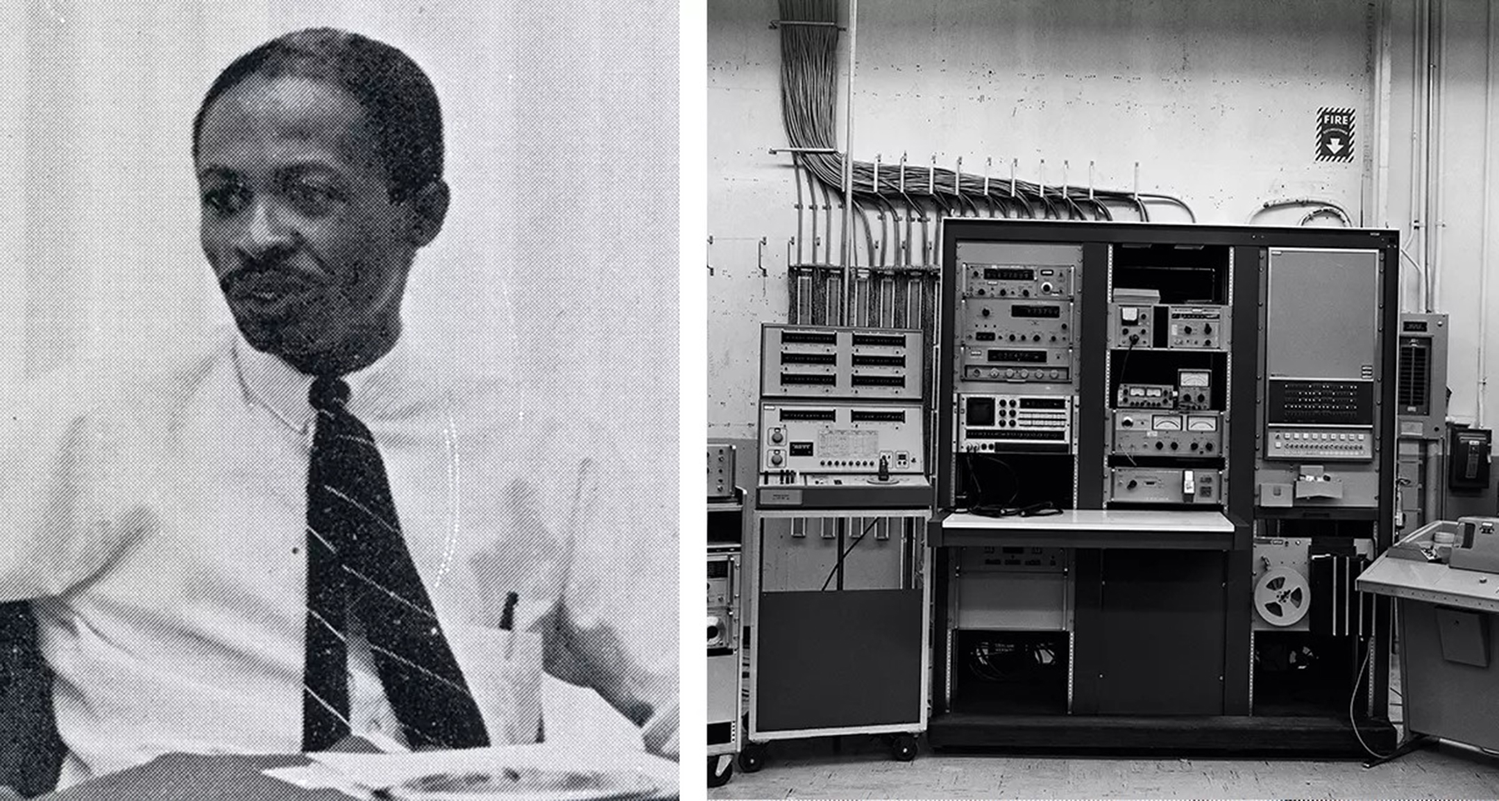 Black and white photo of Roy Clay on the left, black and white photo of an old computer on the right