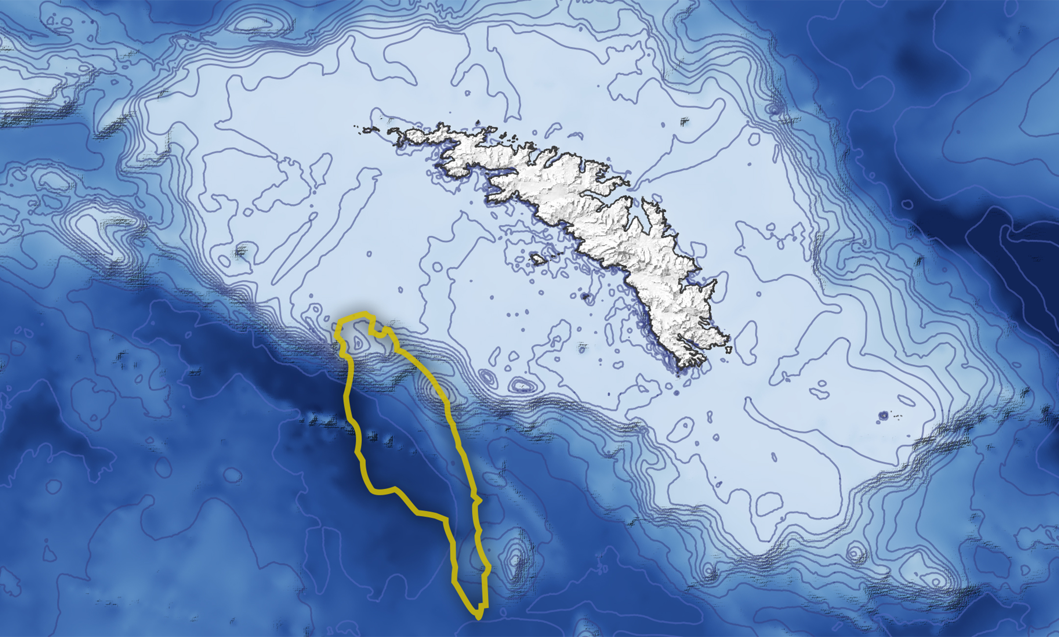 Topographical ocean map showing South Georgia Island at top right and a yellow outline of iceberg A-68A on the bottom left