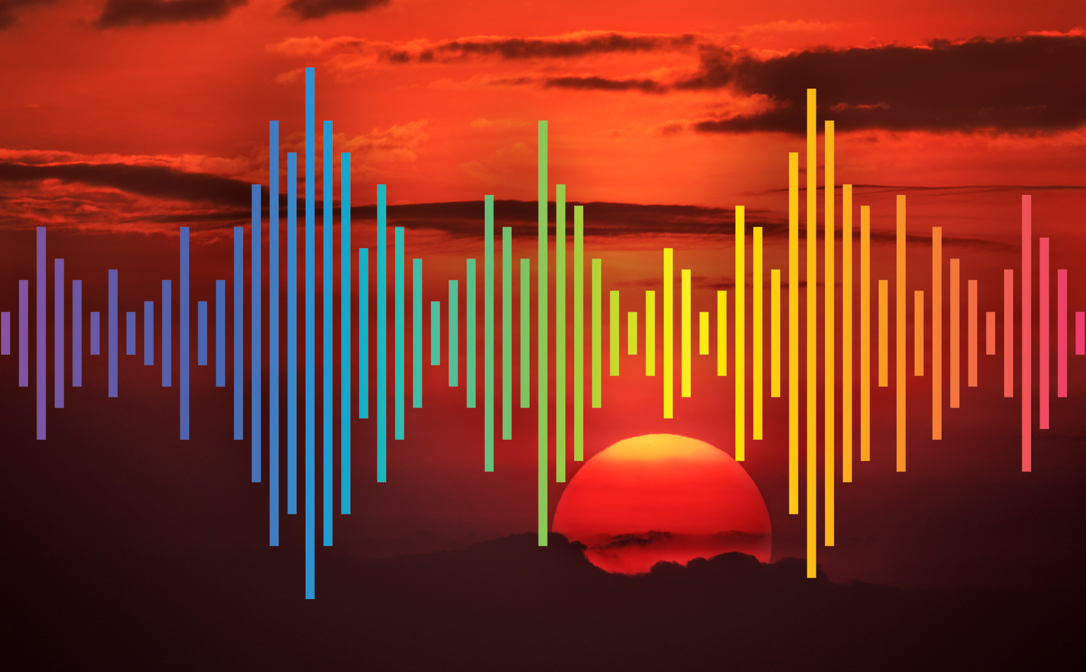 Image of a sunset with an illustration of sound waves layered on top
