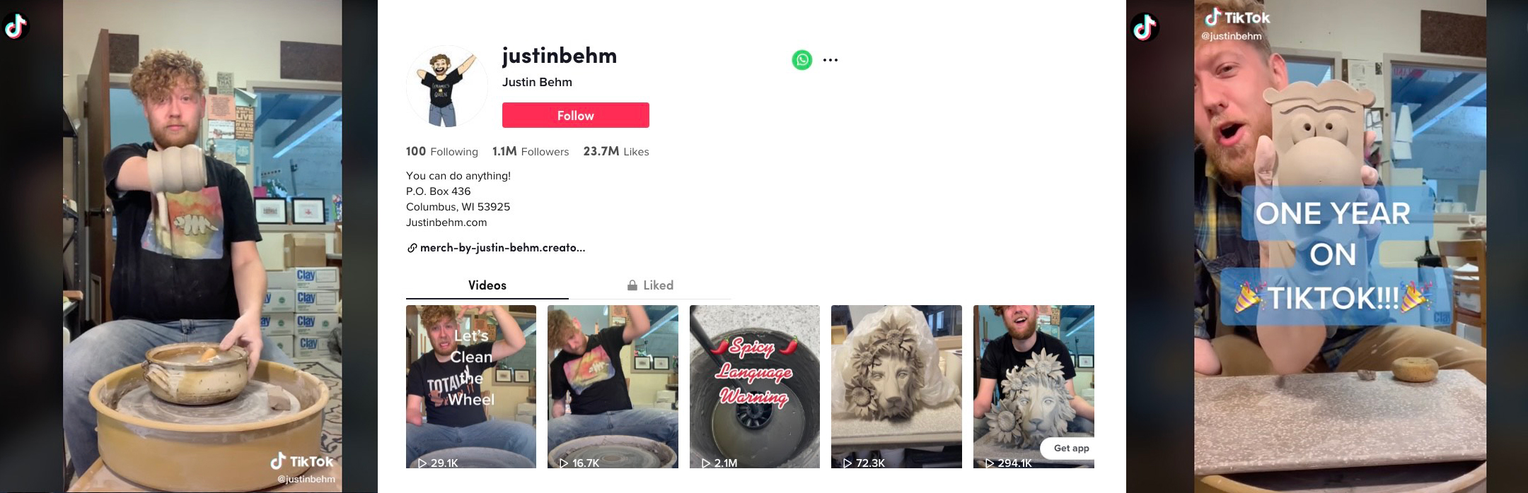 Two screenshots from Justin Behm TikTok videos with a screenshot of her TikTok account page in between them
