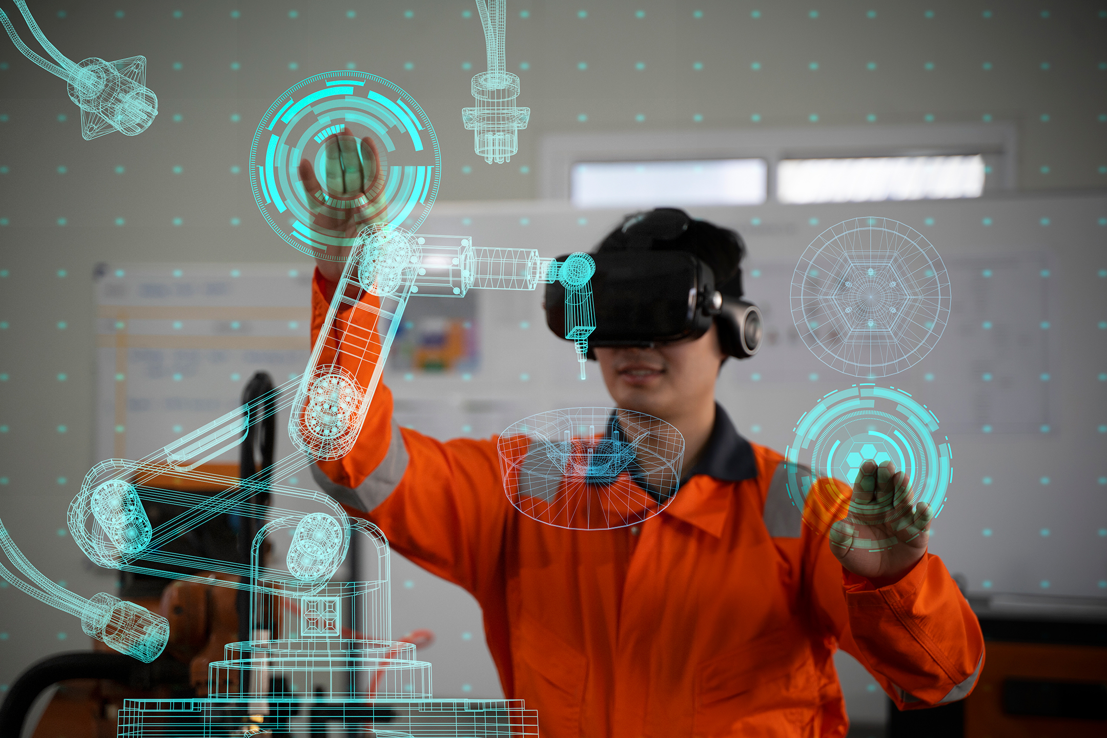 Man using a VR headset and metaverse technology in an industrial setting