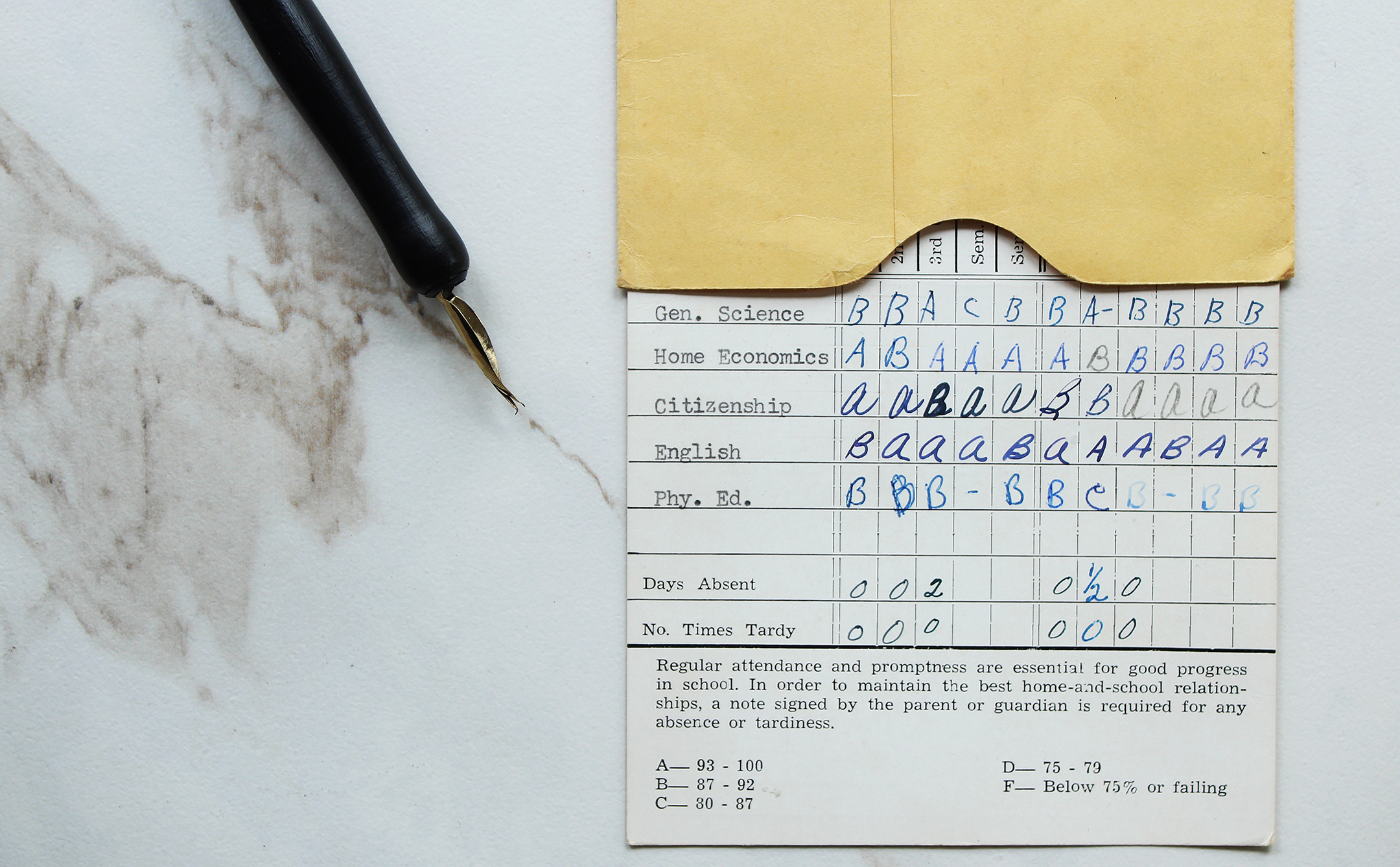 Vintage report card and fountain pen