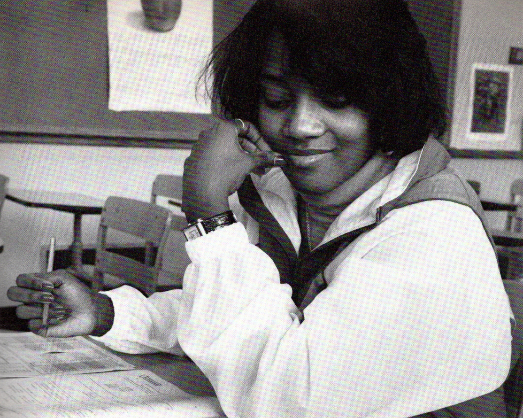 Black and white photo of a young black female student