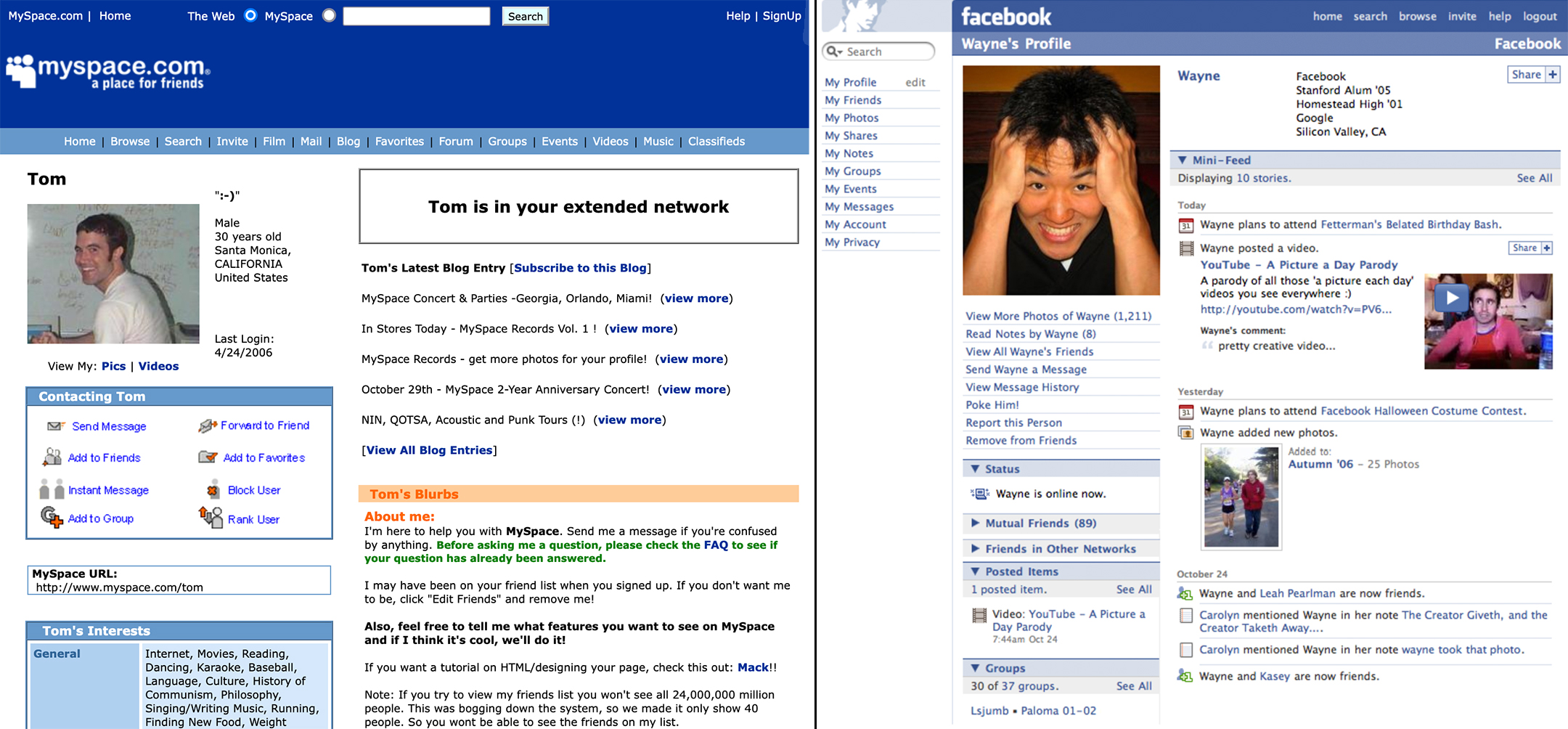 Two screenshots, side by side, with MySpace from 2006 on the left and Facebook from 2006 on the right
