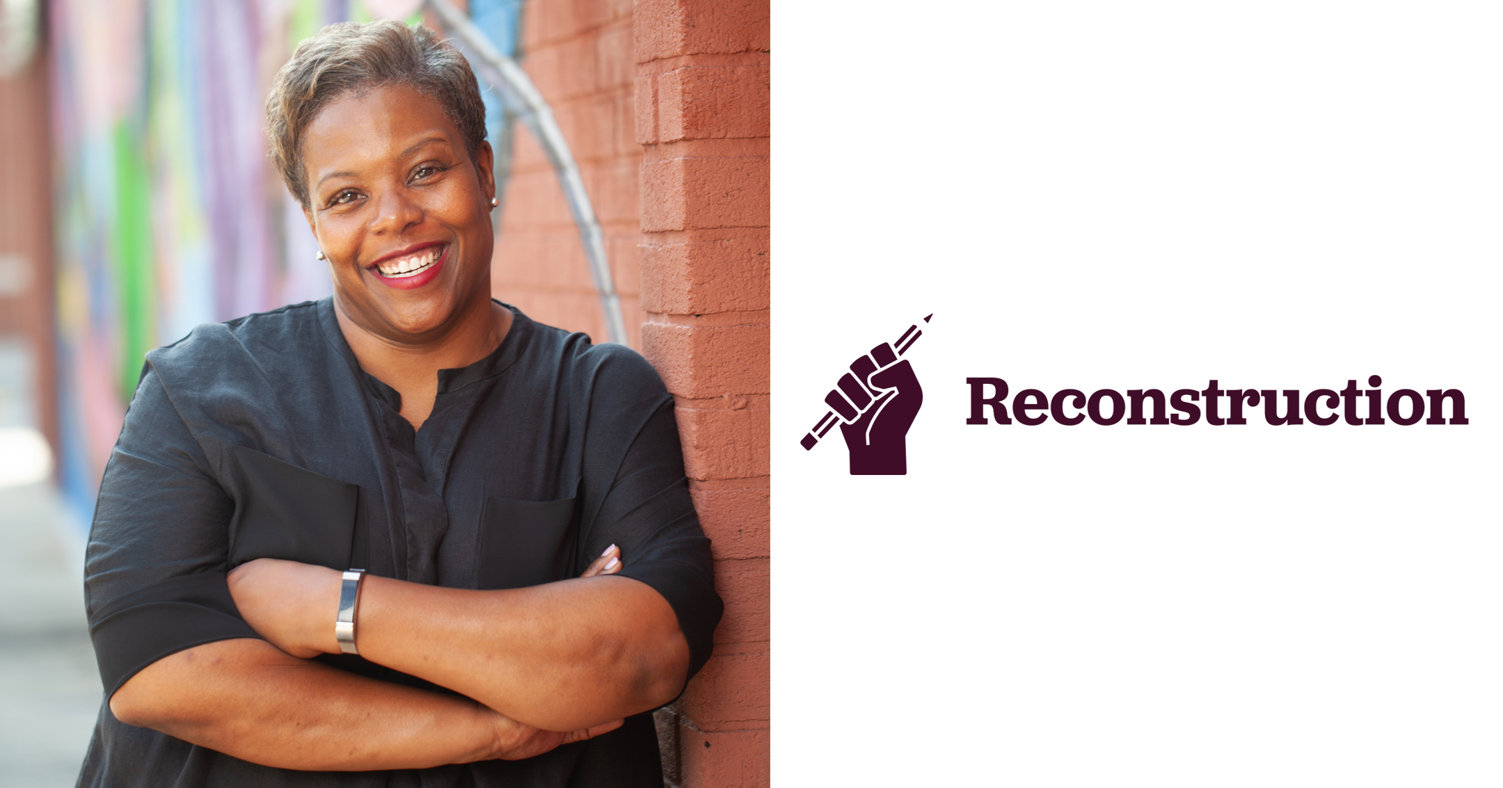 Kaya Henderson photo on the left, logo for her organization Reconstruction on the right