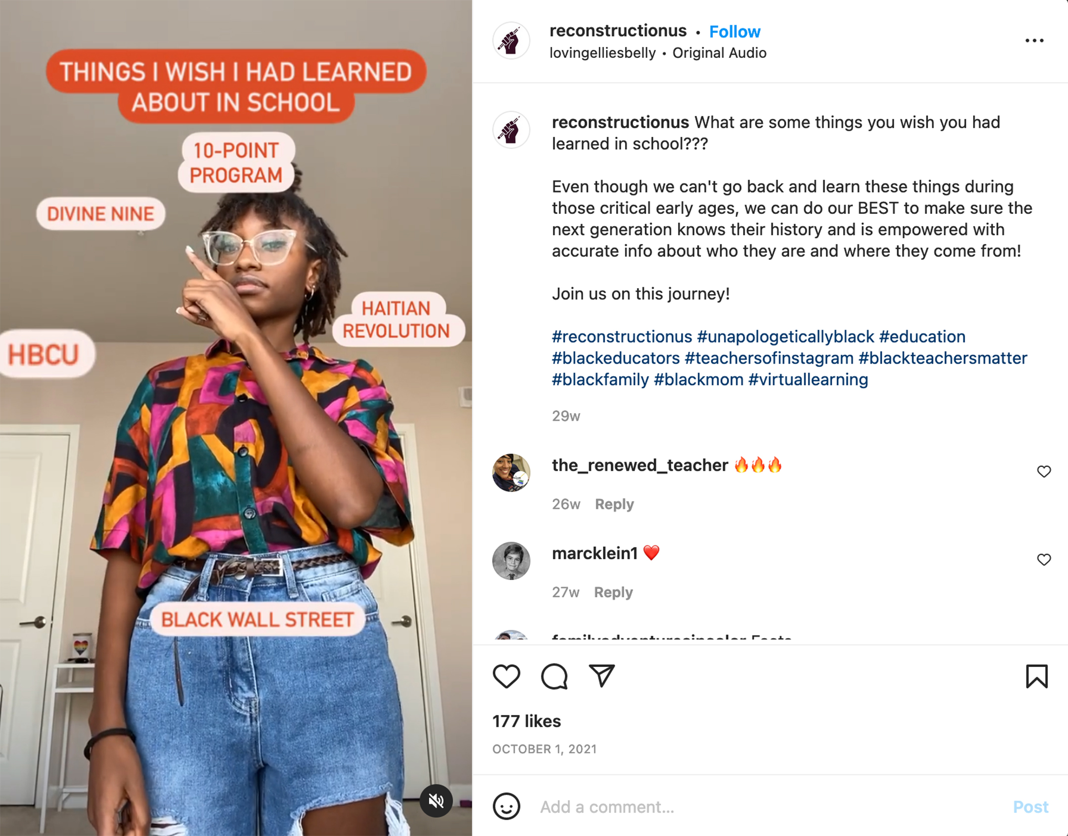 Instagram screenshot of a young Black woman pointing at words on the screen, under the heading Things I Wish I Had Learned About in School, including: 10-Point Program, Divine Nine, HBCU, Black Wall Street, and Haitian Revolution