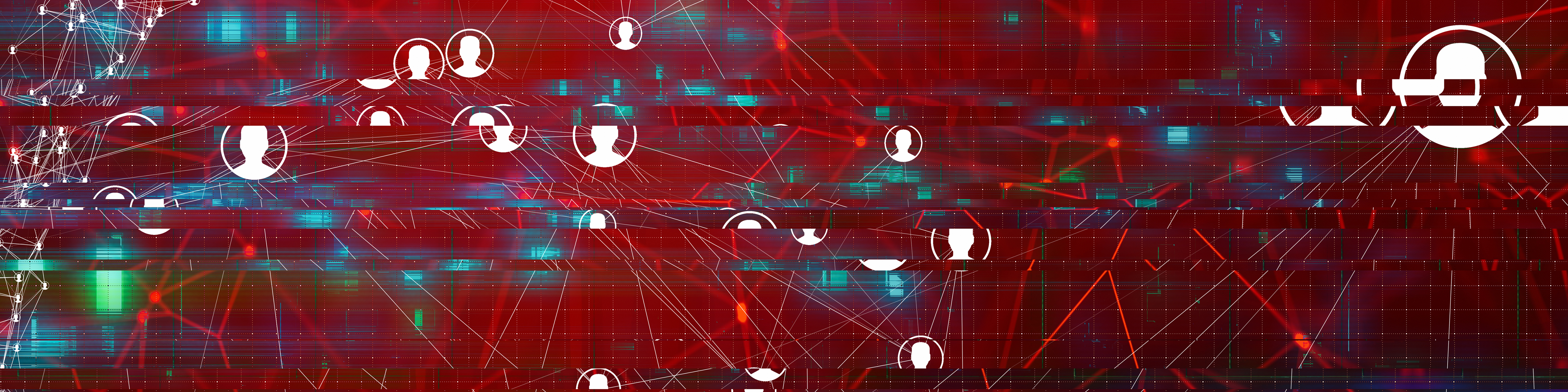 Graphic illustration of social media icons connected matrix-like against a red background