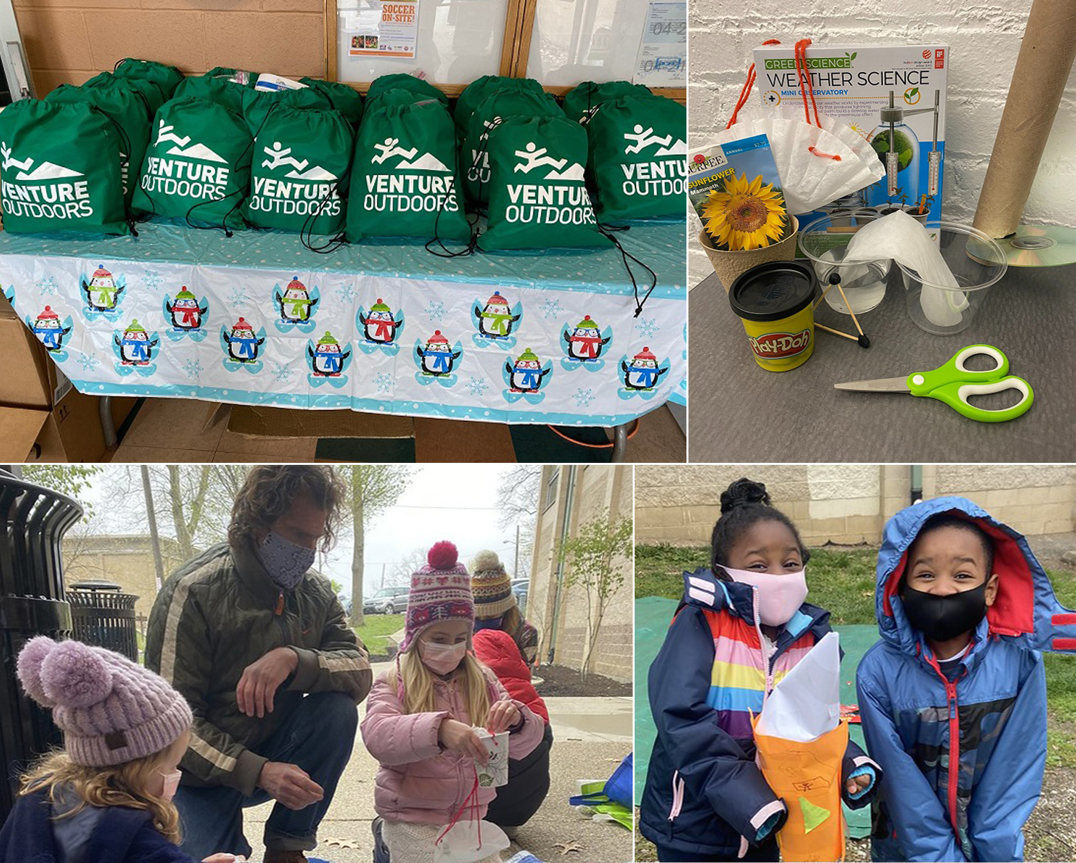 Four images, clockwise from top left: table stocked with green Venture Outdoors bags, the contents of the bags (including scissors, play-doh, seeds, and craft materials), two young black children in coats and face masks, and a teacher working with two young white children on a STEM project