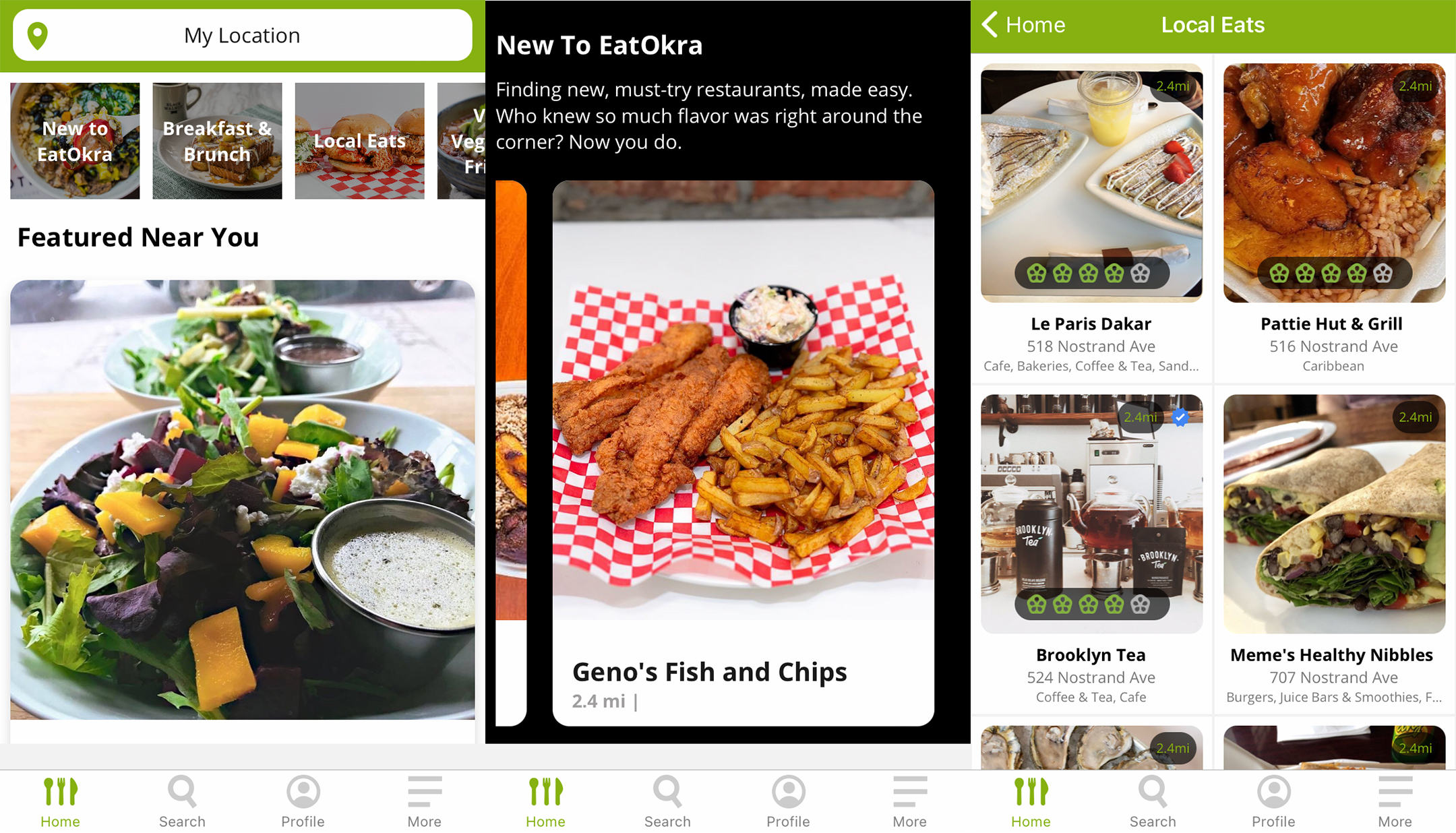 Three screenshots, side by side, from the EatOkra app showing restaurants and food