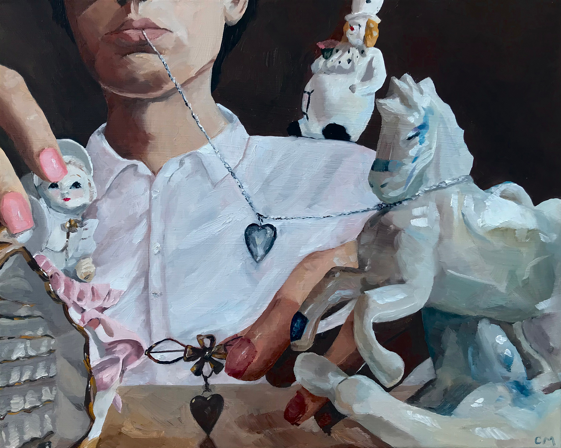 Painting of a young person holding a silver necklace in their mouth, the other side attached to a porcelain horse, a heart charm hanging in between them