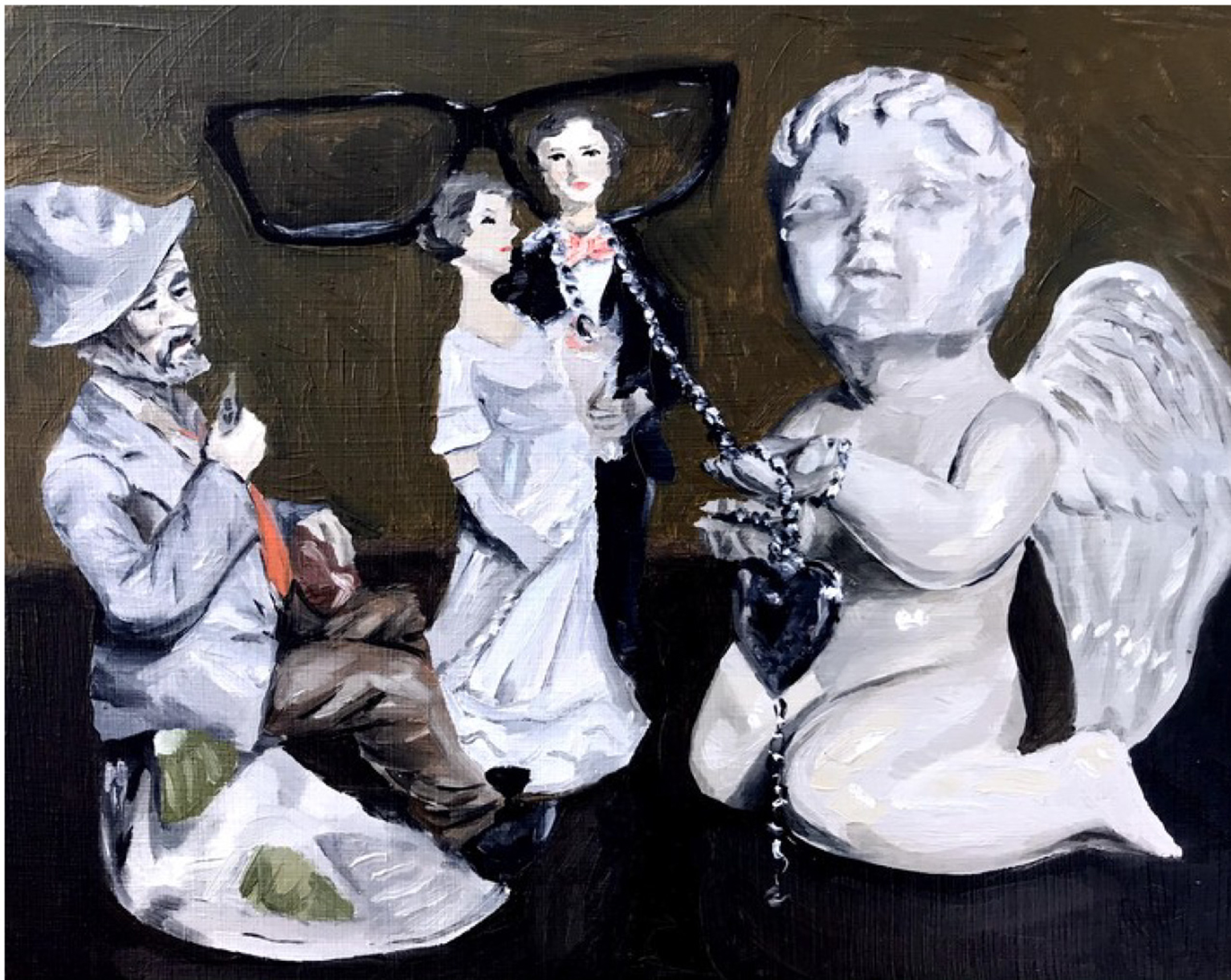 Painting of porcelain figures - a man, a married couple, and a cherub holding a silver necklace -- with a pair of black glasses in the background 