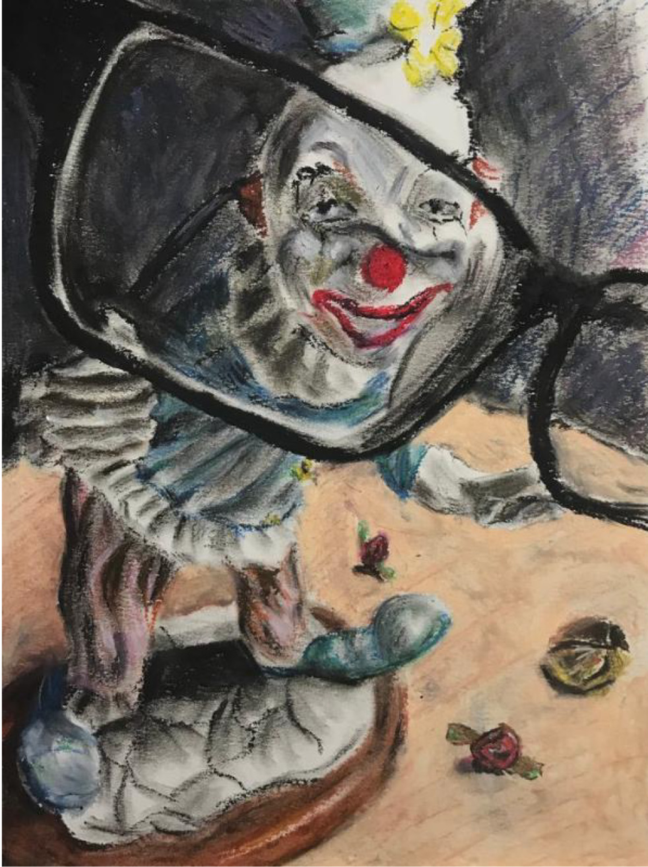 Painting of a porcelain figure of a clown seen through a pair of glasses